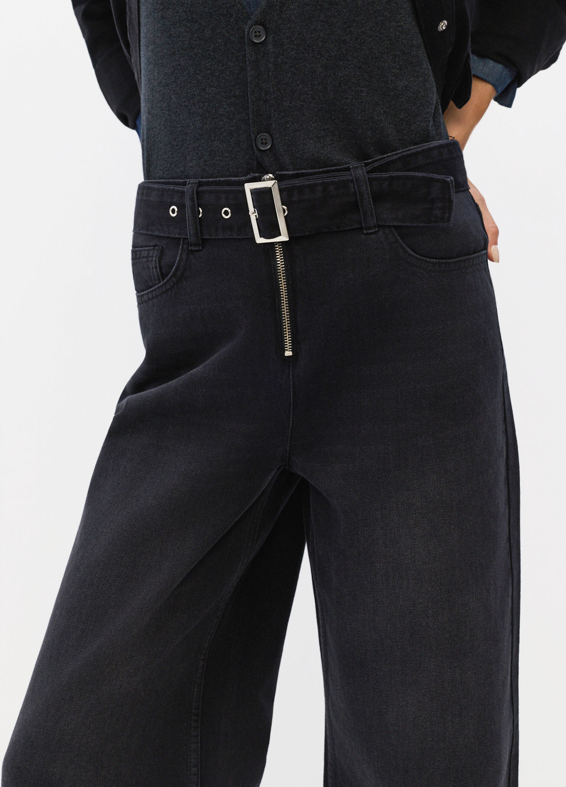 Pantaloni Wide Leg in denim di puro cotone donna_2