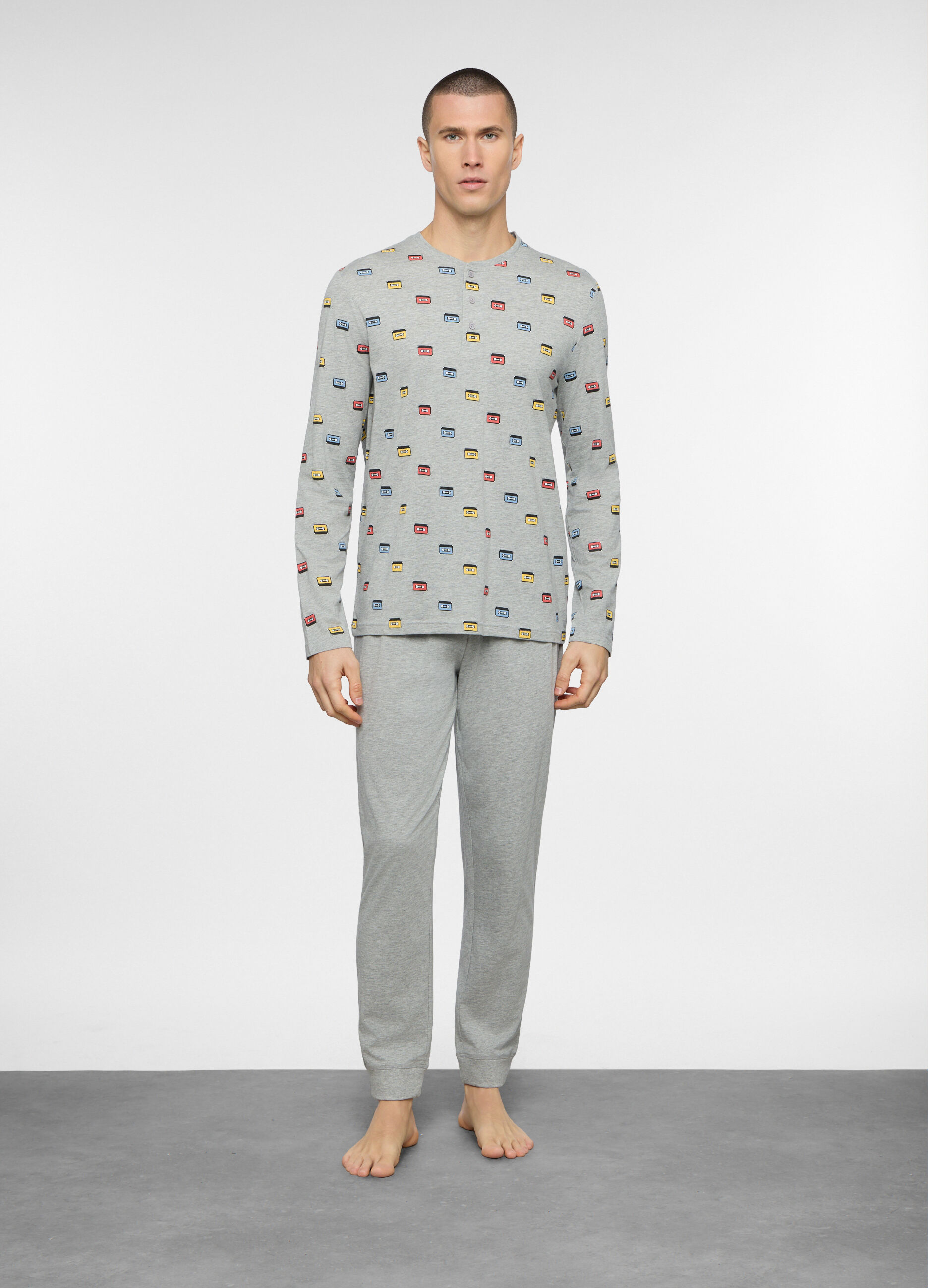 Pigiama lungo in cotone grigio stampato uomo_0