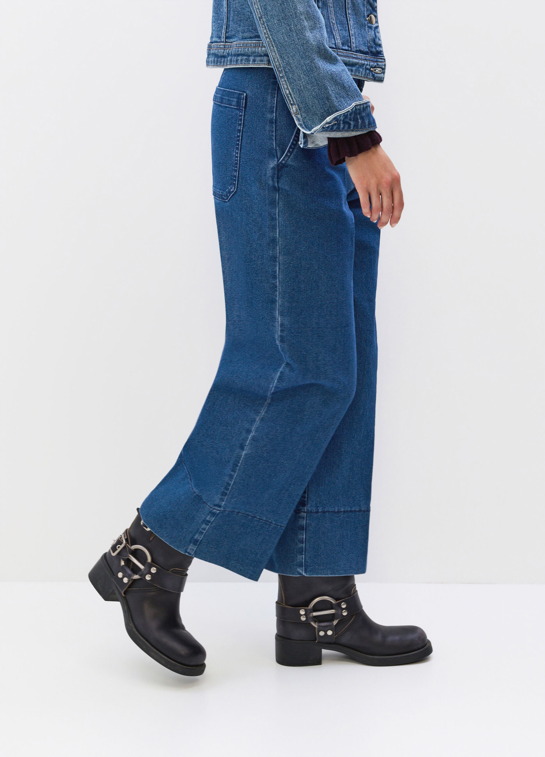 Pantaloni Culotte Fit in denim stretch misto cotone donna_3
