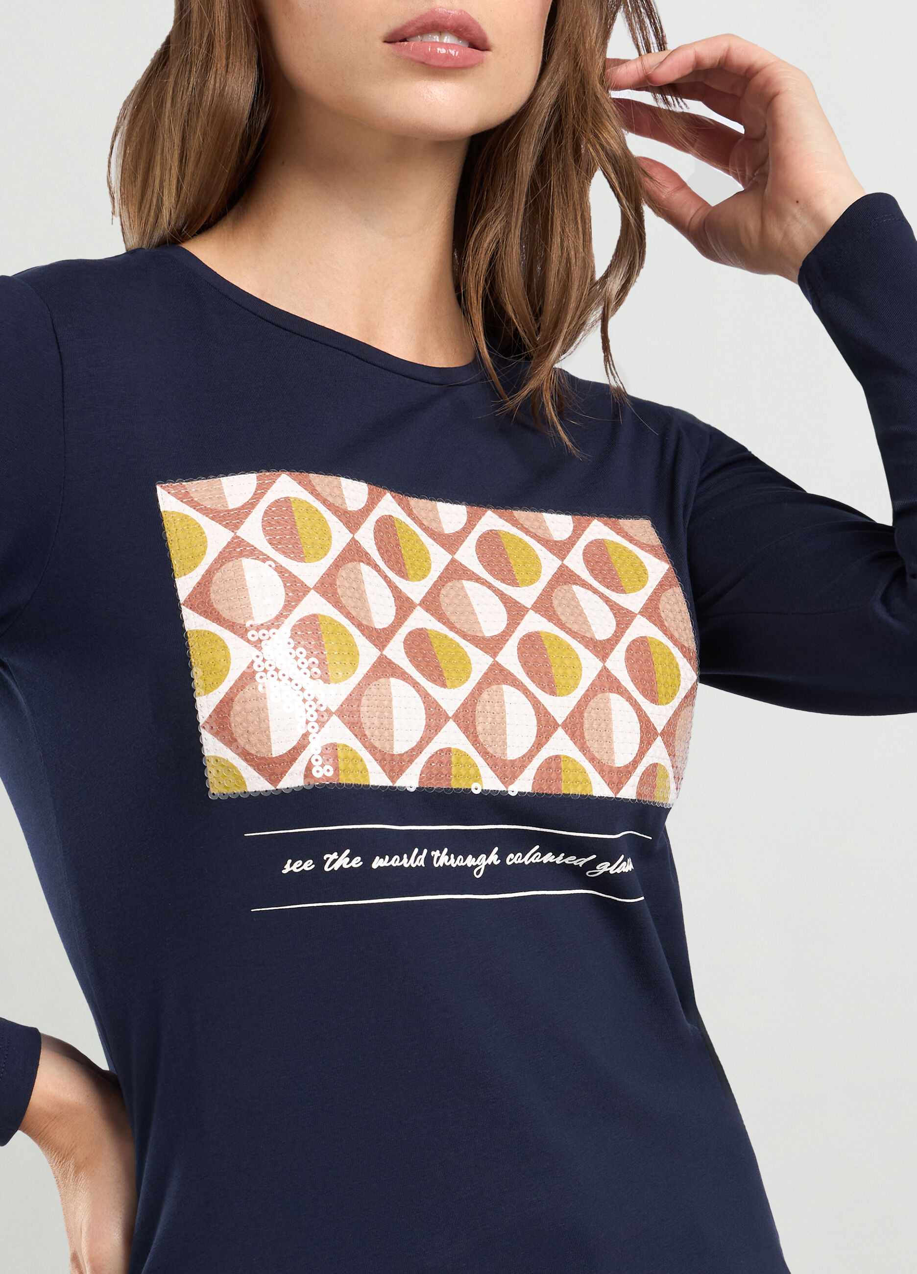 T-shirt in cotone stretch con paillettes donna_2