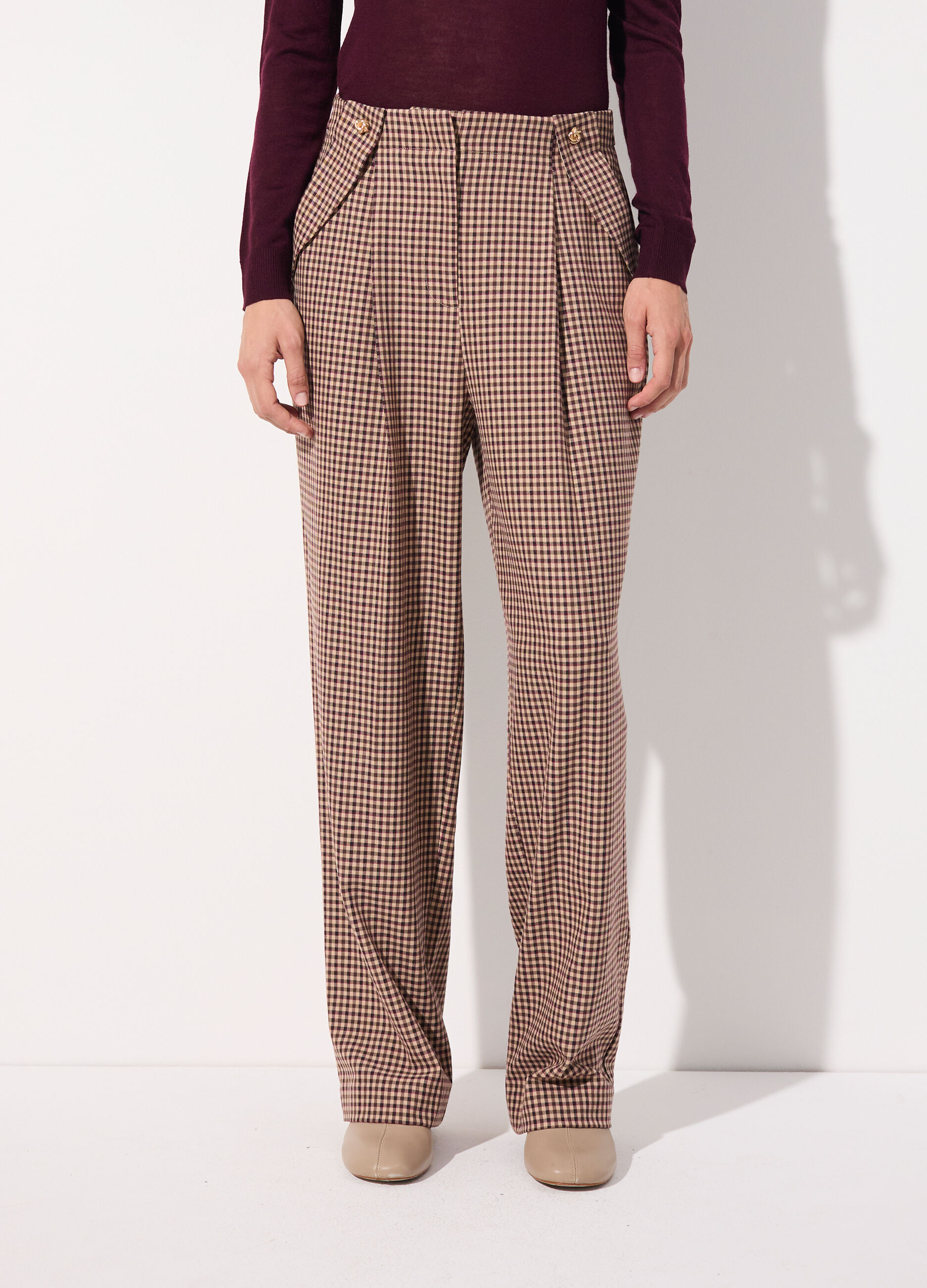 Pantalone a vita alta a quadretti donna_1
