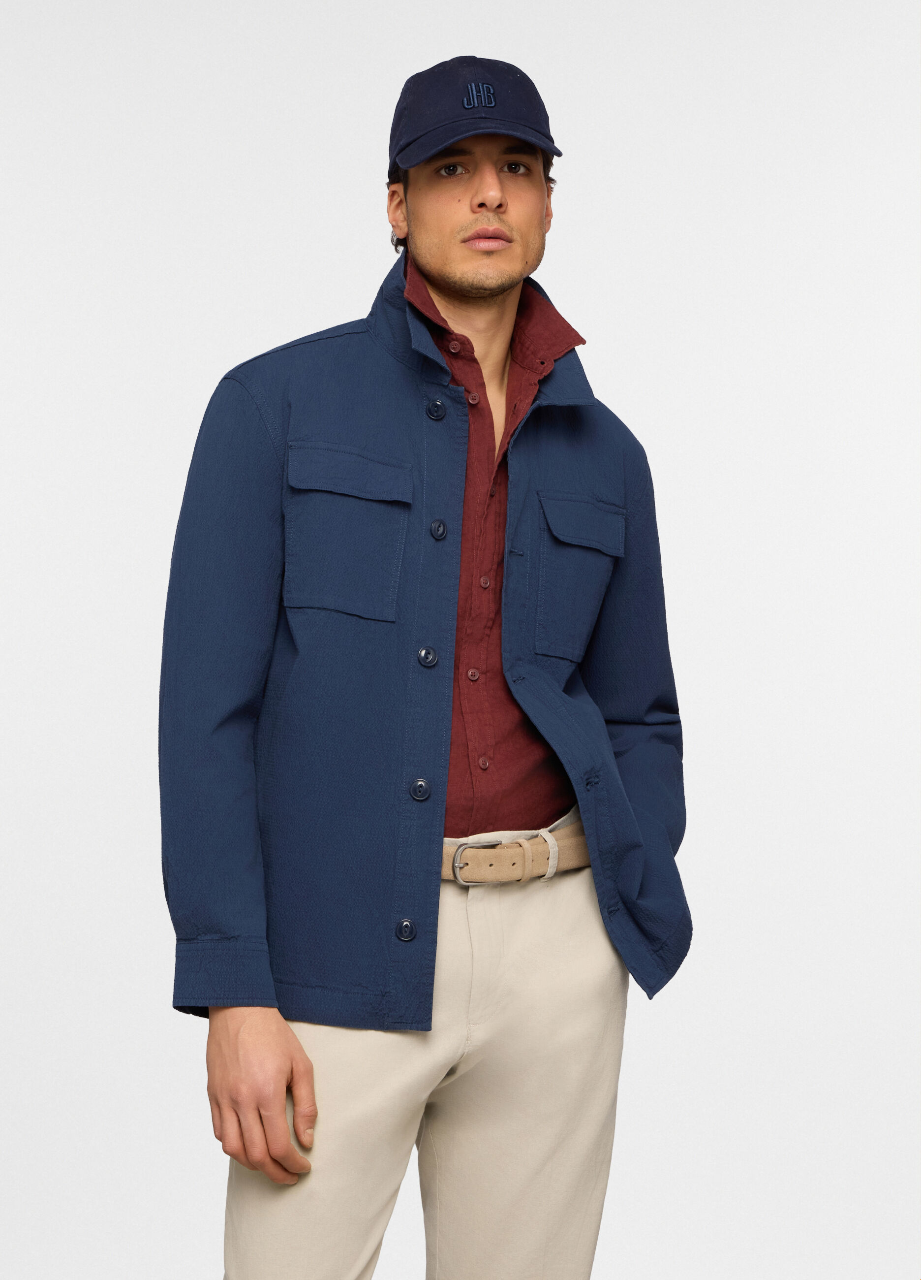 Shirt jacket in seersucker di cotone stretch uomo_0