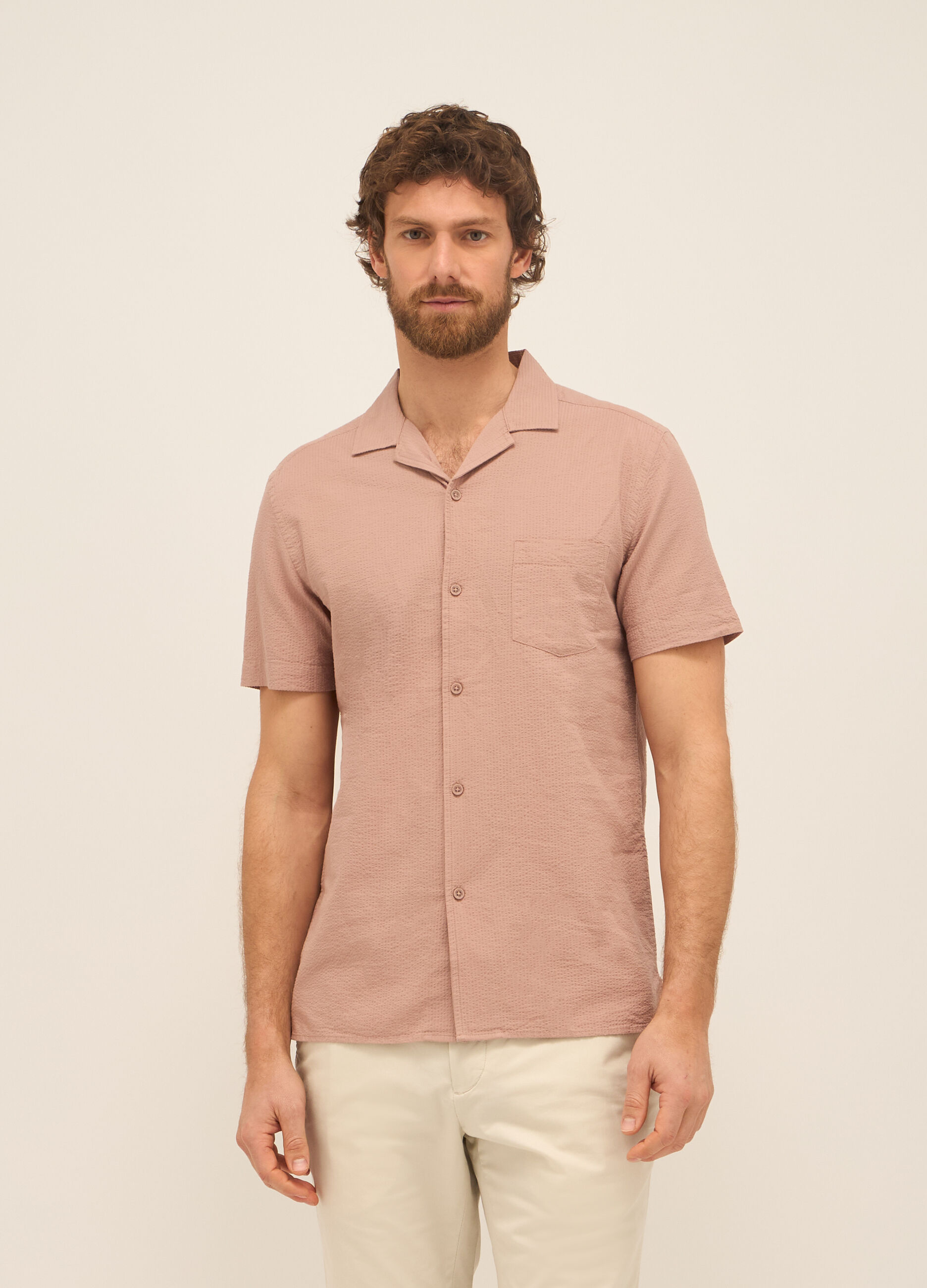 Camicia a maniche corte in cotone seersucker uomo_0