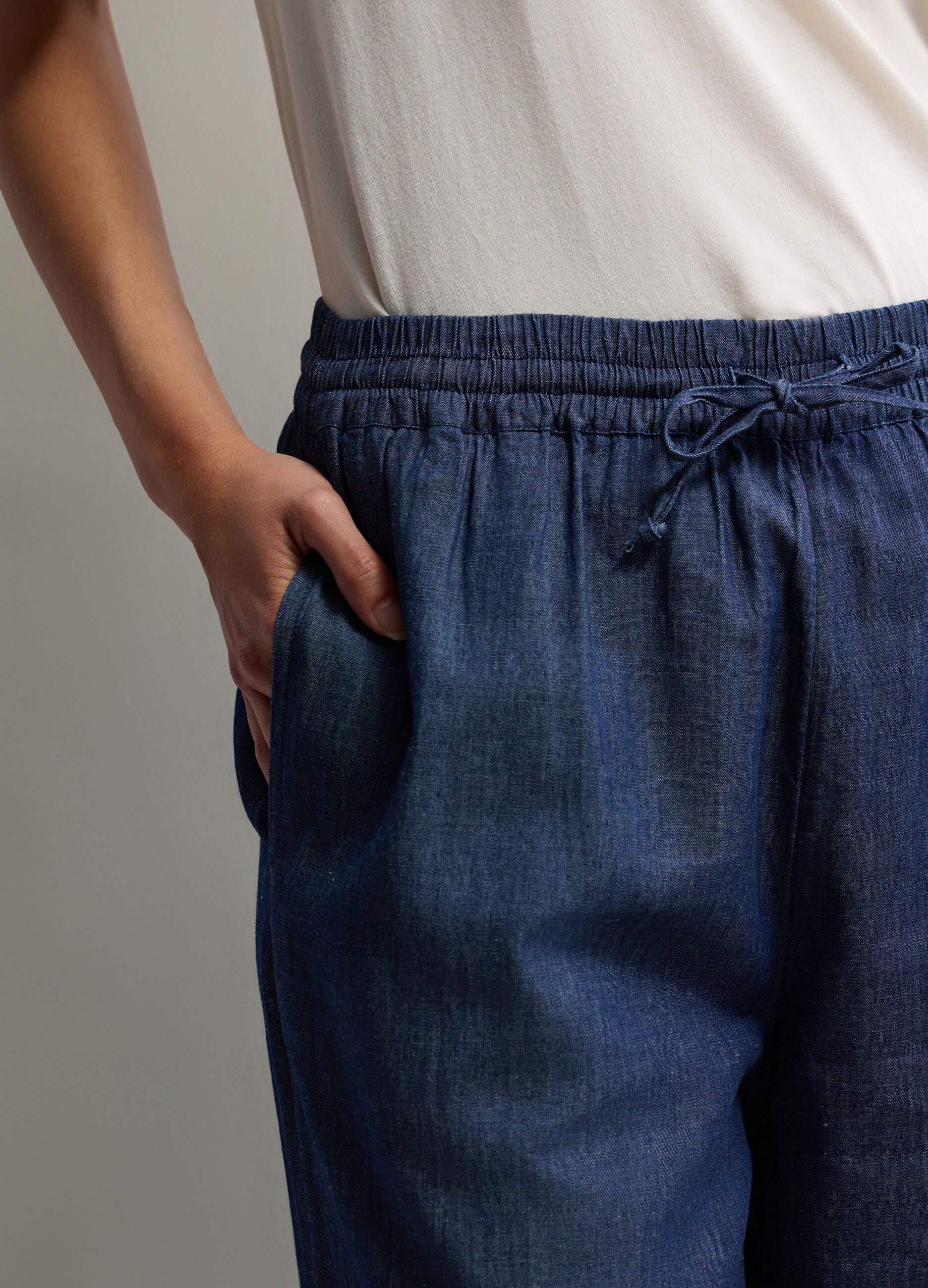 Pantaloni Wide Leg in chambray di puro cotone donna_3