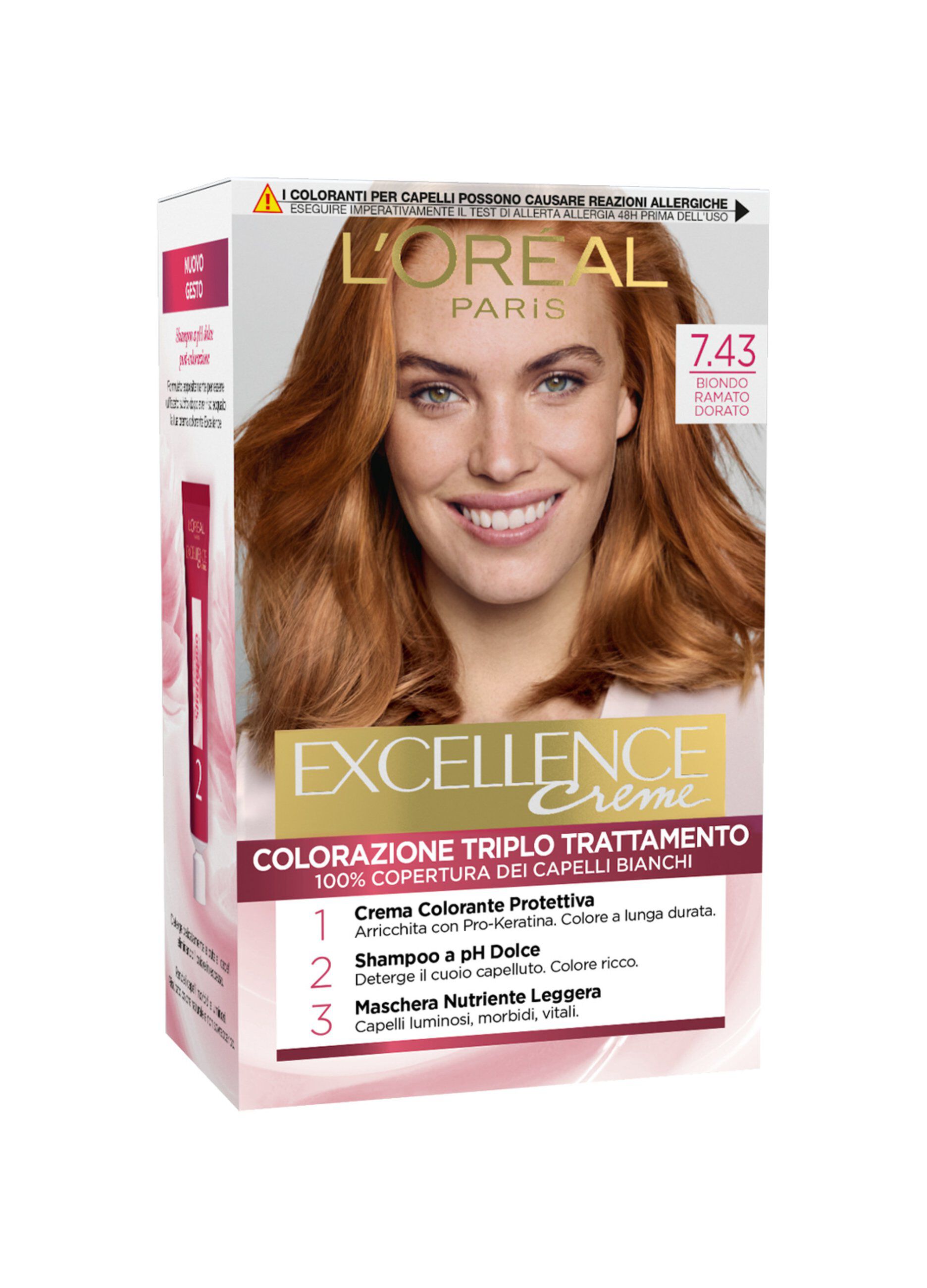 L'Oréal Paris Tinta Capelli Excellence, Copre i capelli bianchi, colore ricco, luminoso e a lunga durata, 7.43 Biondo Ramato Dorato.