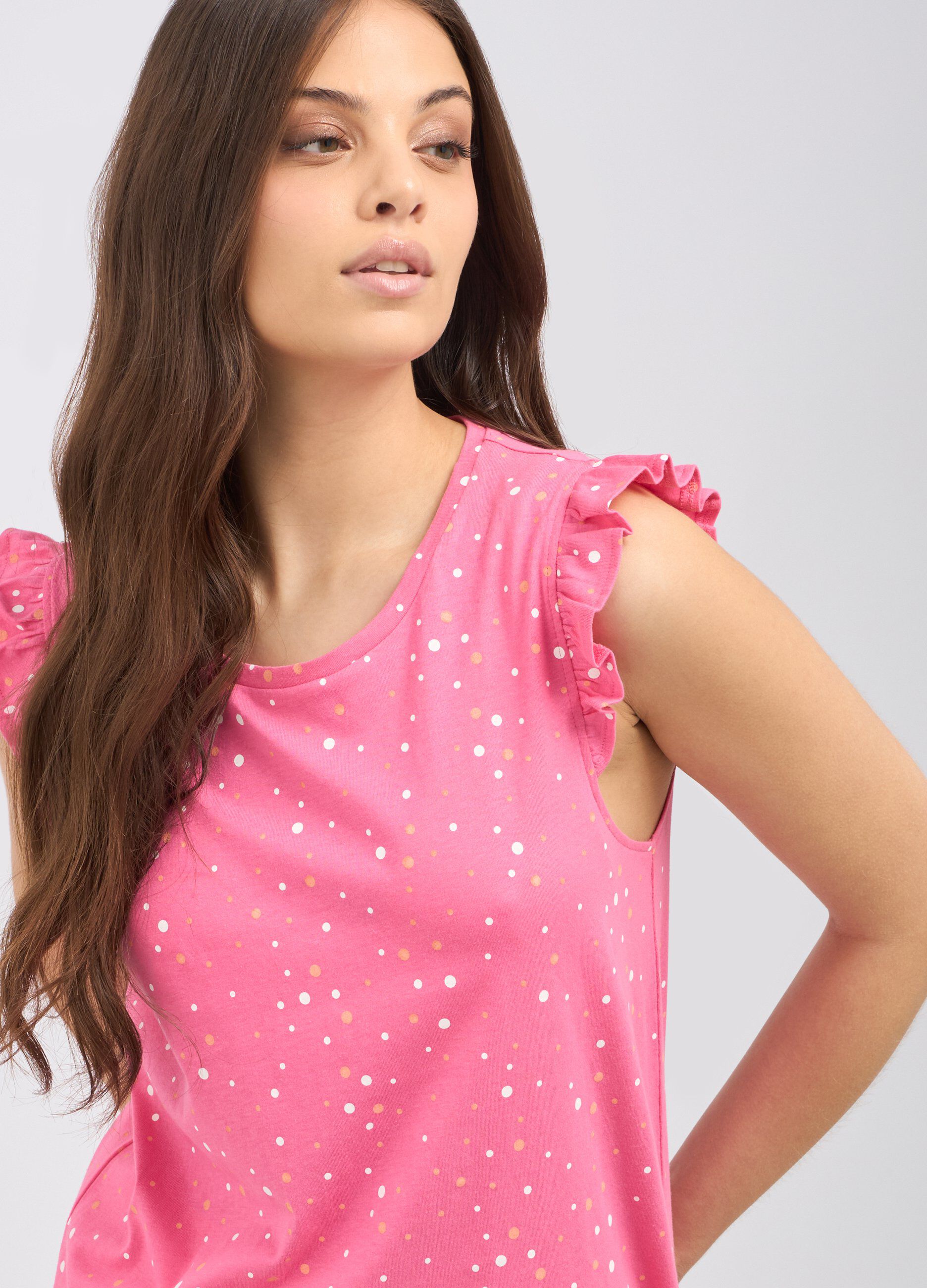 Canotta in puro cotone con rouches su spalle donna_2