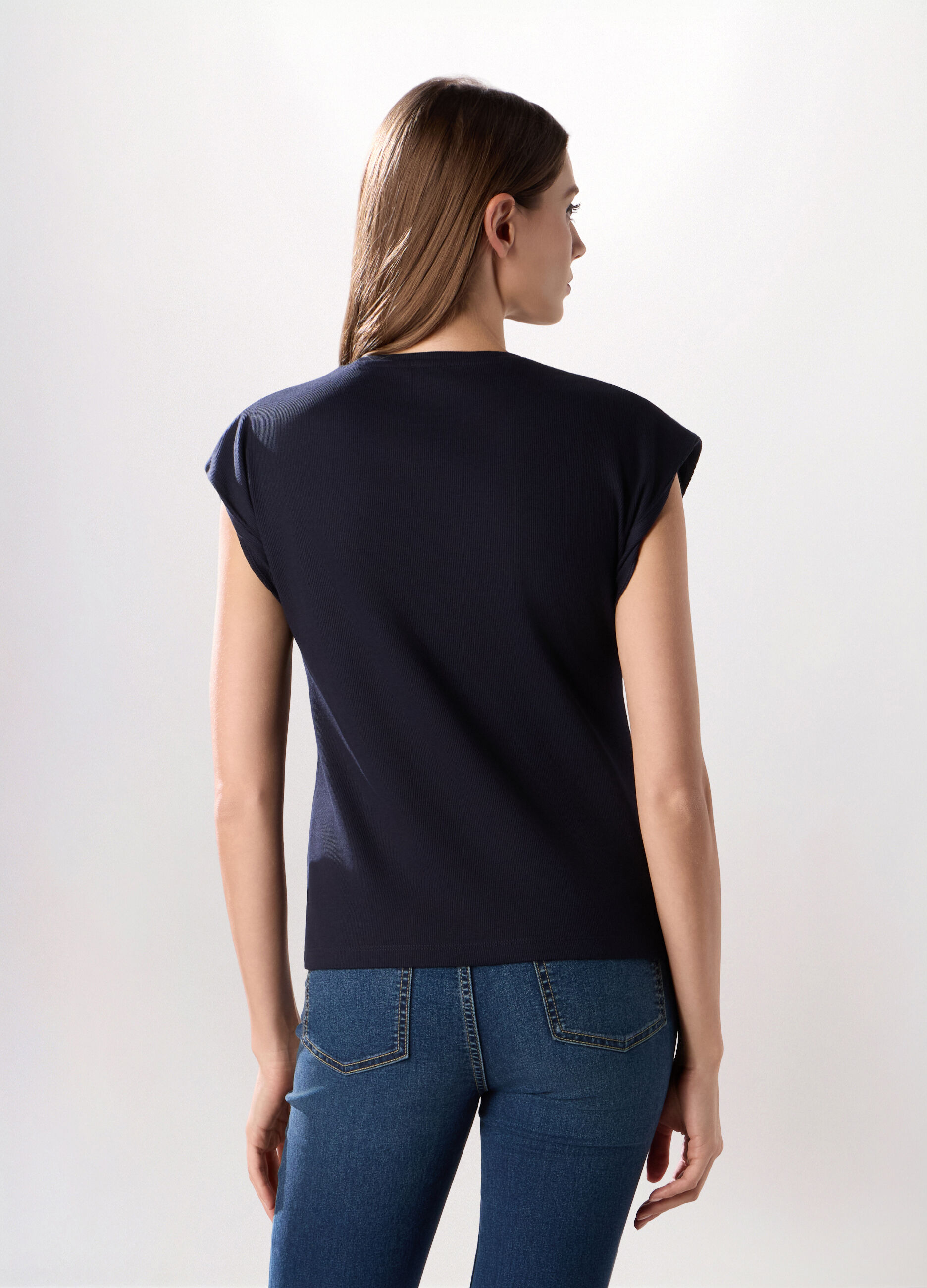 T-shirt in costina di cotone stretch donna_1