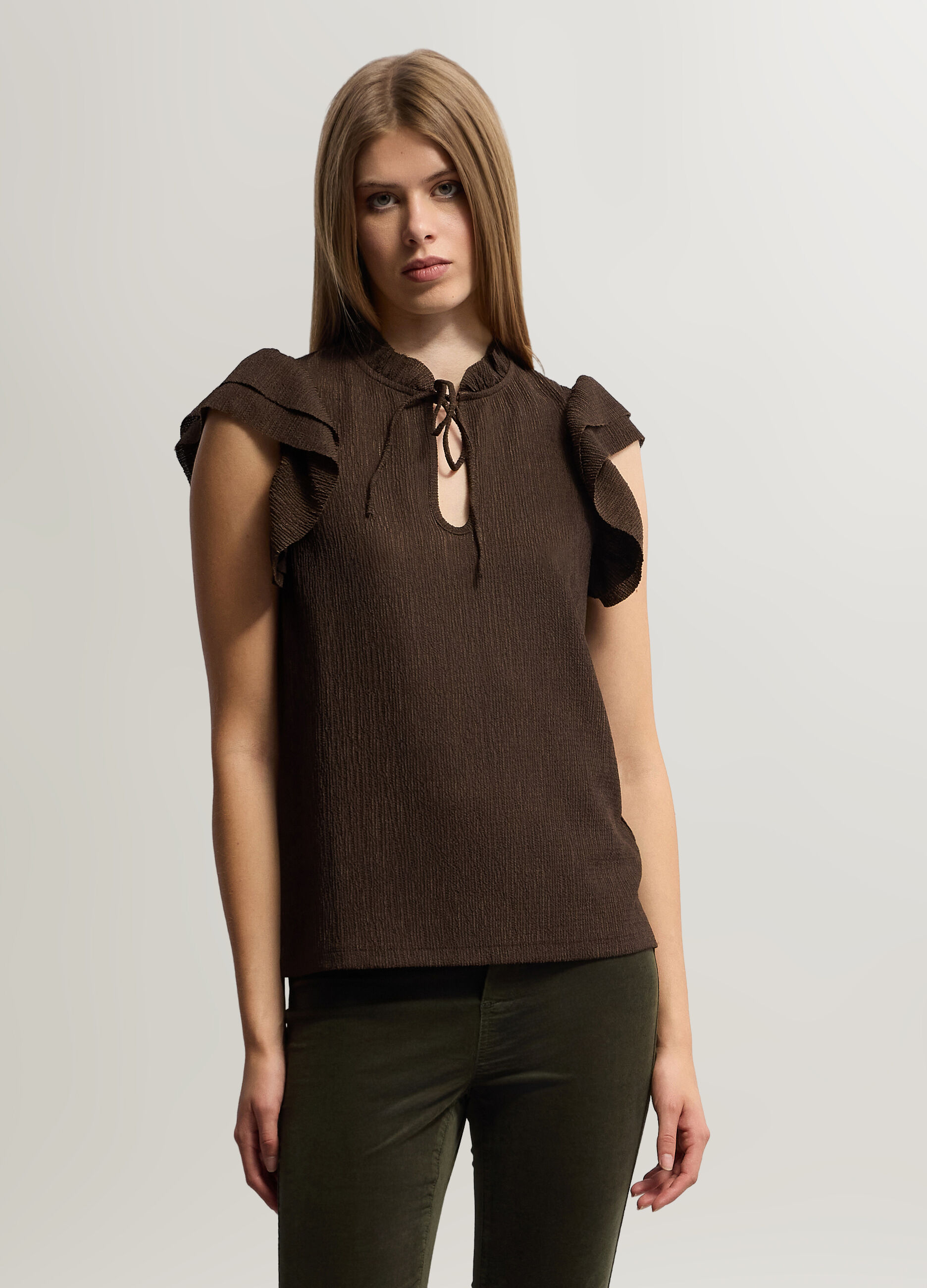 Blusa Fit Regular con scollo a goccia cr&ecirc;pe stretch donna_0