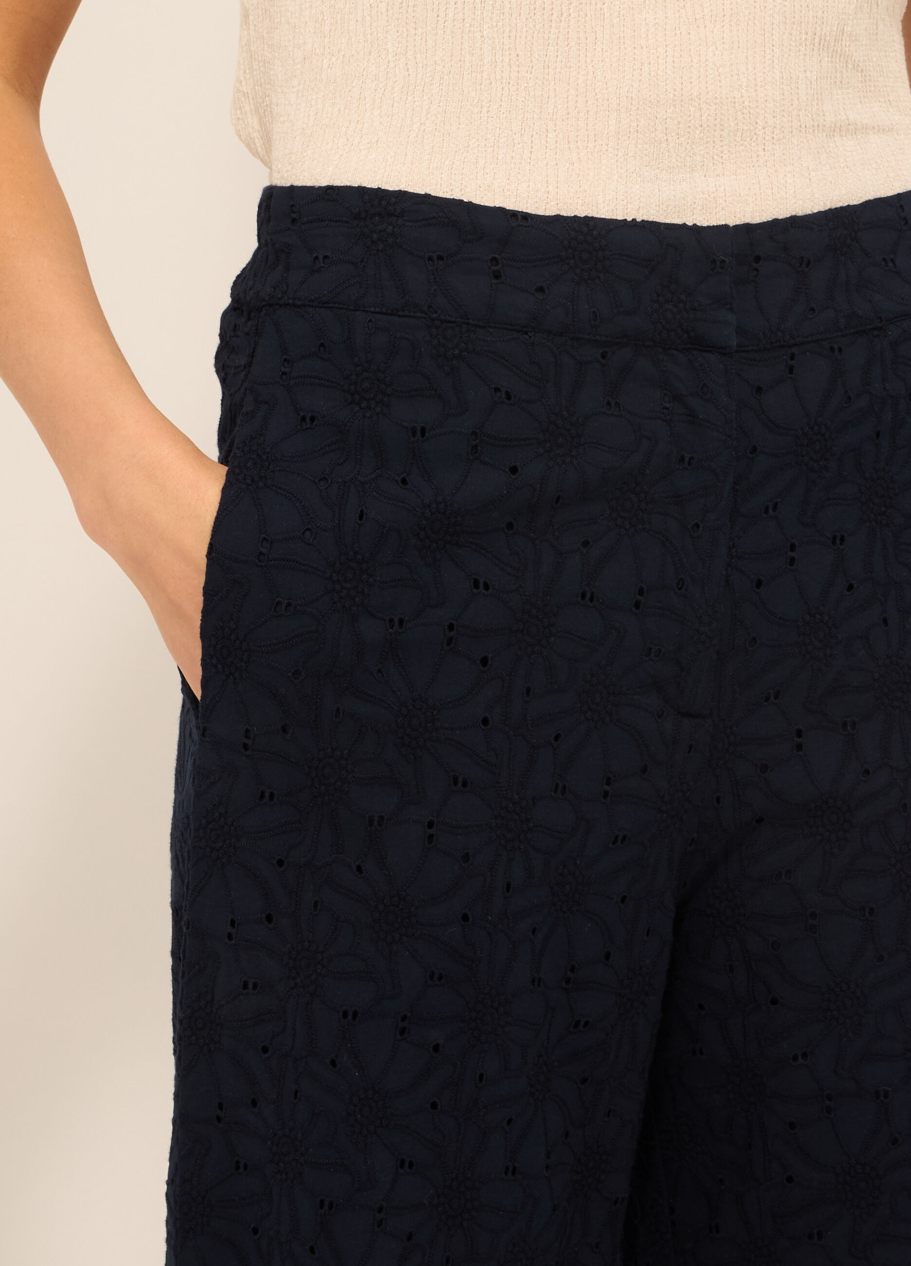 Pantaloni palazzo in puro cotone con ricami donna_1