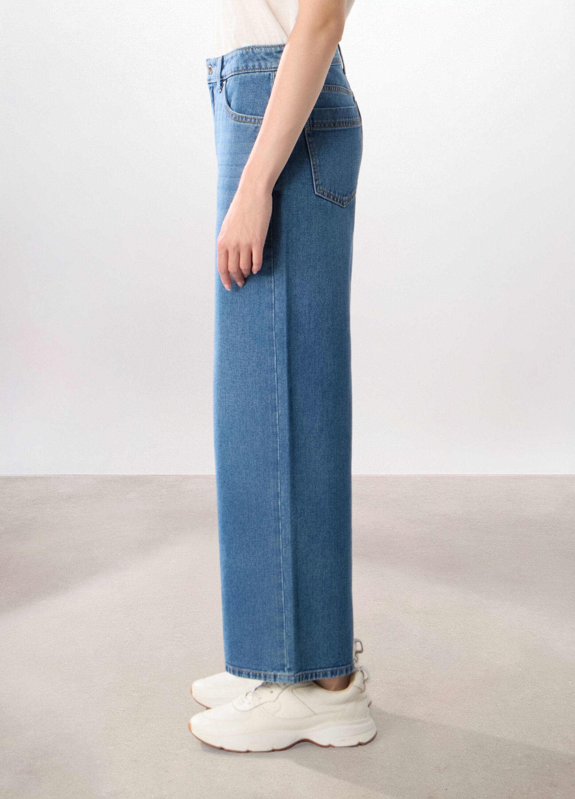 Pantaloni wide leg in denim di puro cotone donna_3