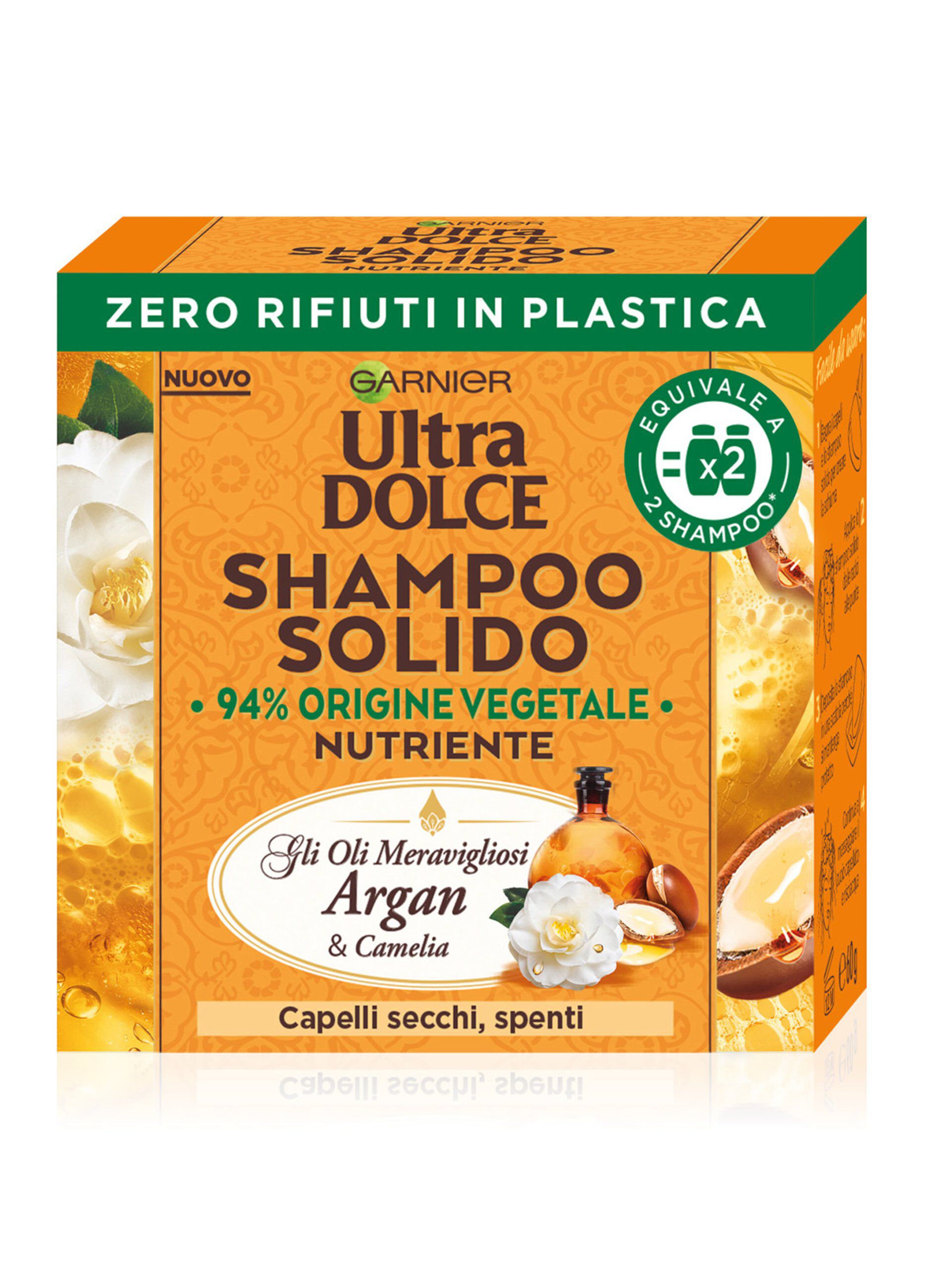 Garnier Ultra Dolce Shampoo Solido con Oli meravigliosi di Argan e Camelia, Per capelli secchi e spenti, Con packaging 100% ecologico plastic-free, 60 gr._0