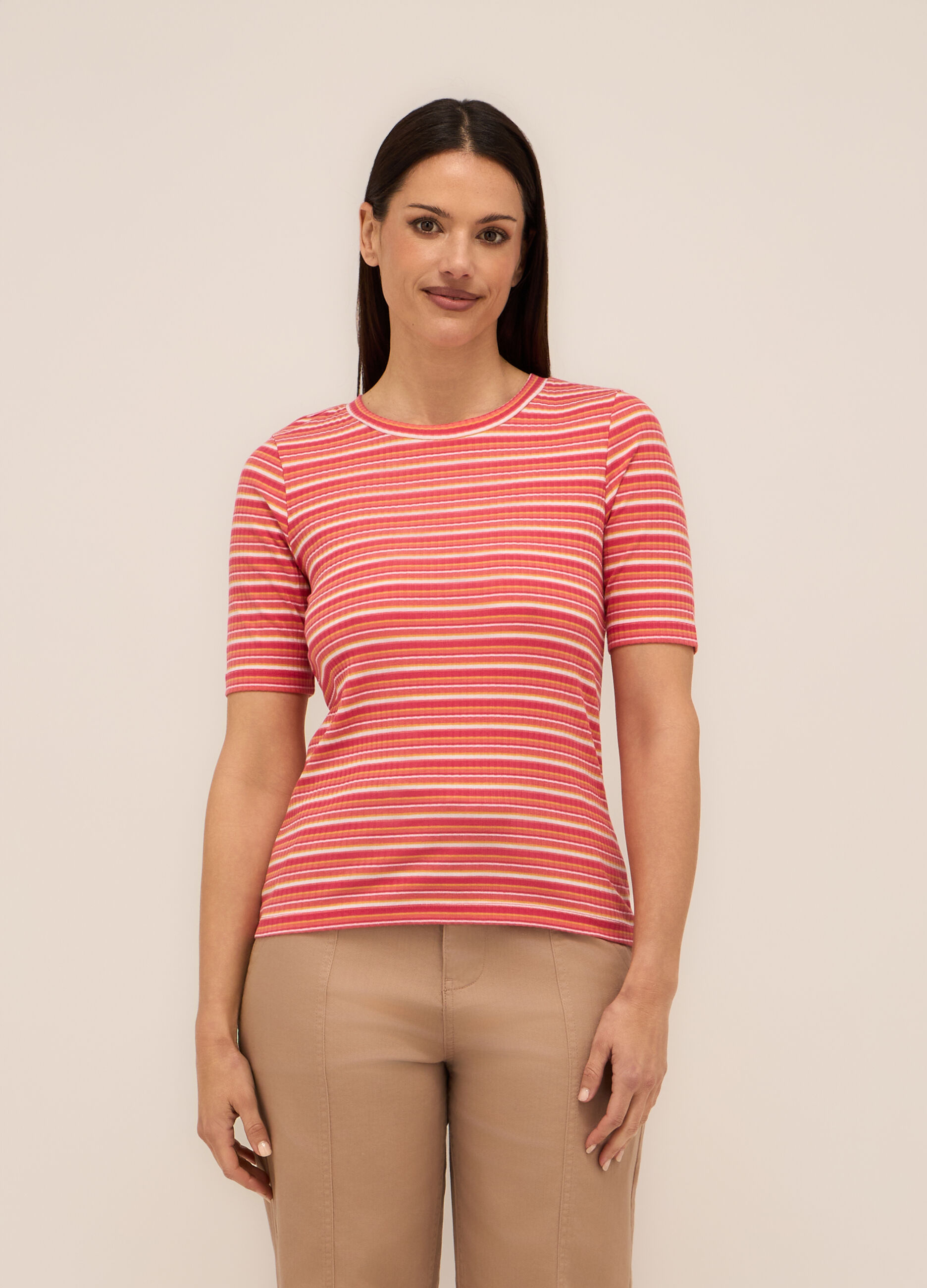 T-shirt in costina a righe donna_0