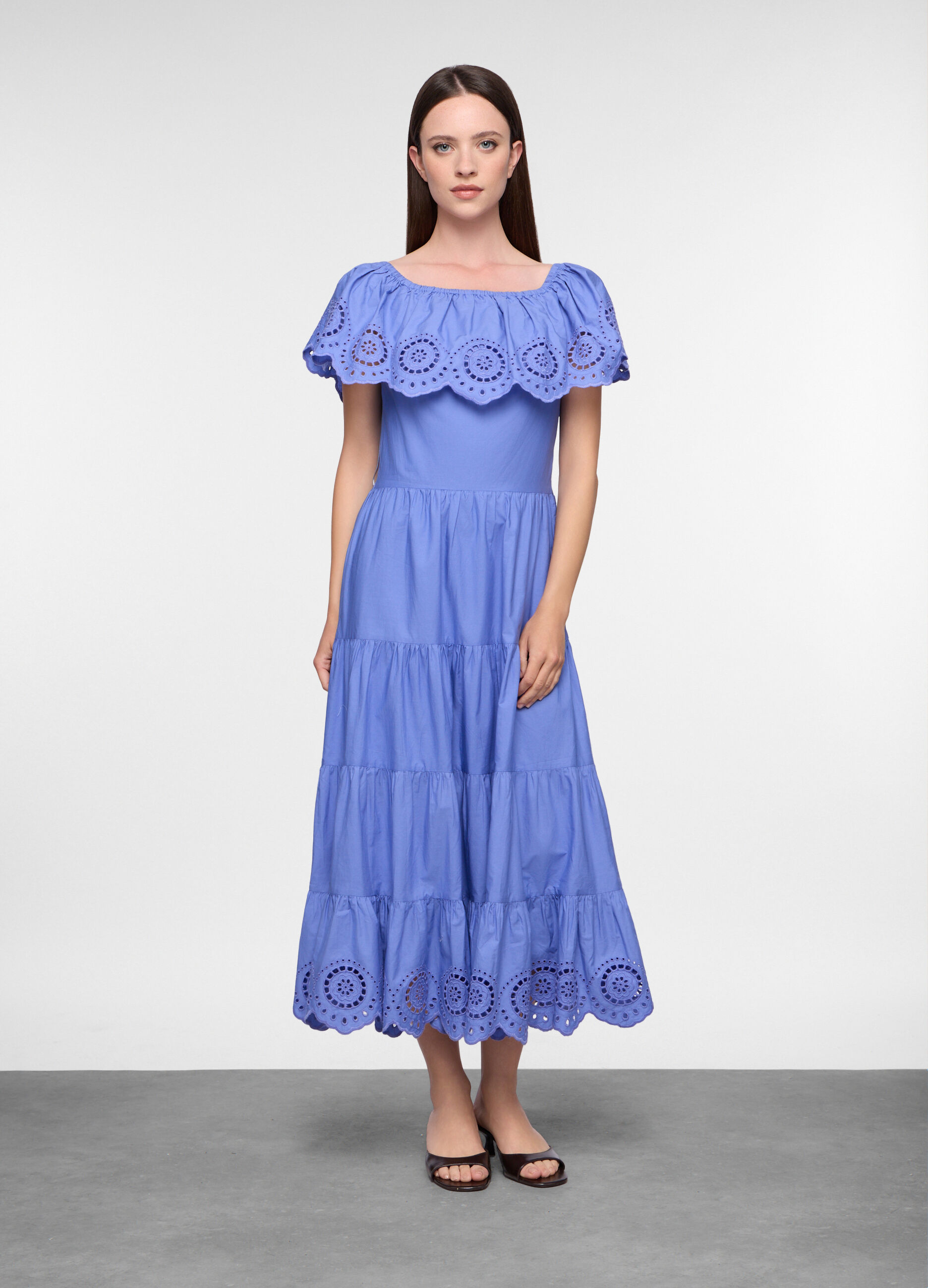 Abito lungo a balze in puro cotone donna