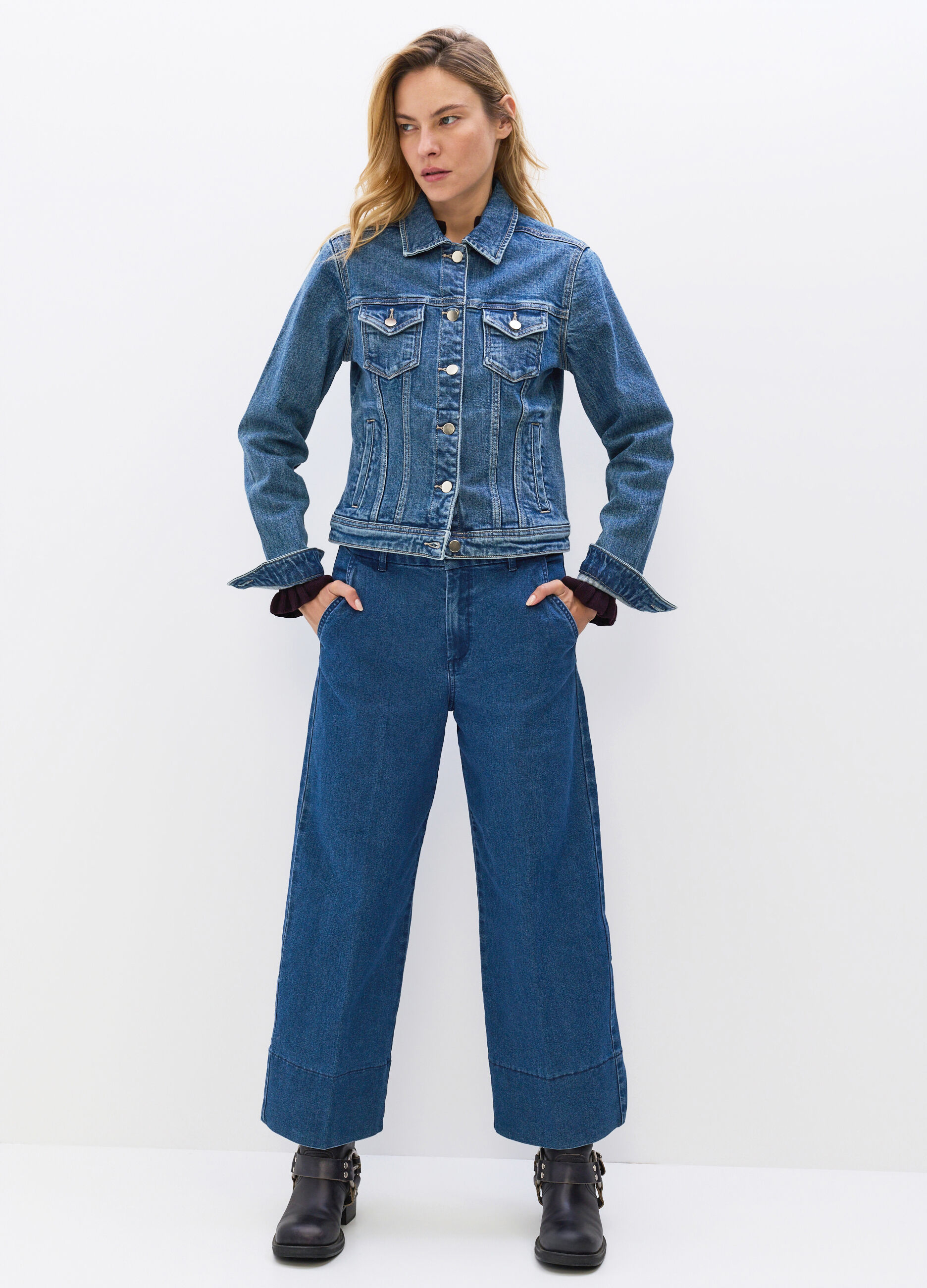 Pantaloni Culotte Fit in denim stretch misto cotone donna_4