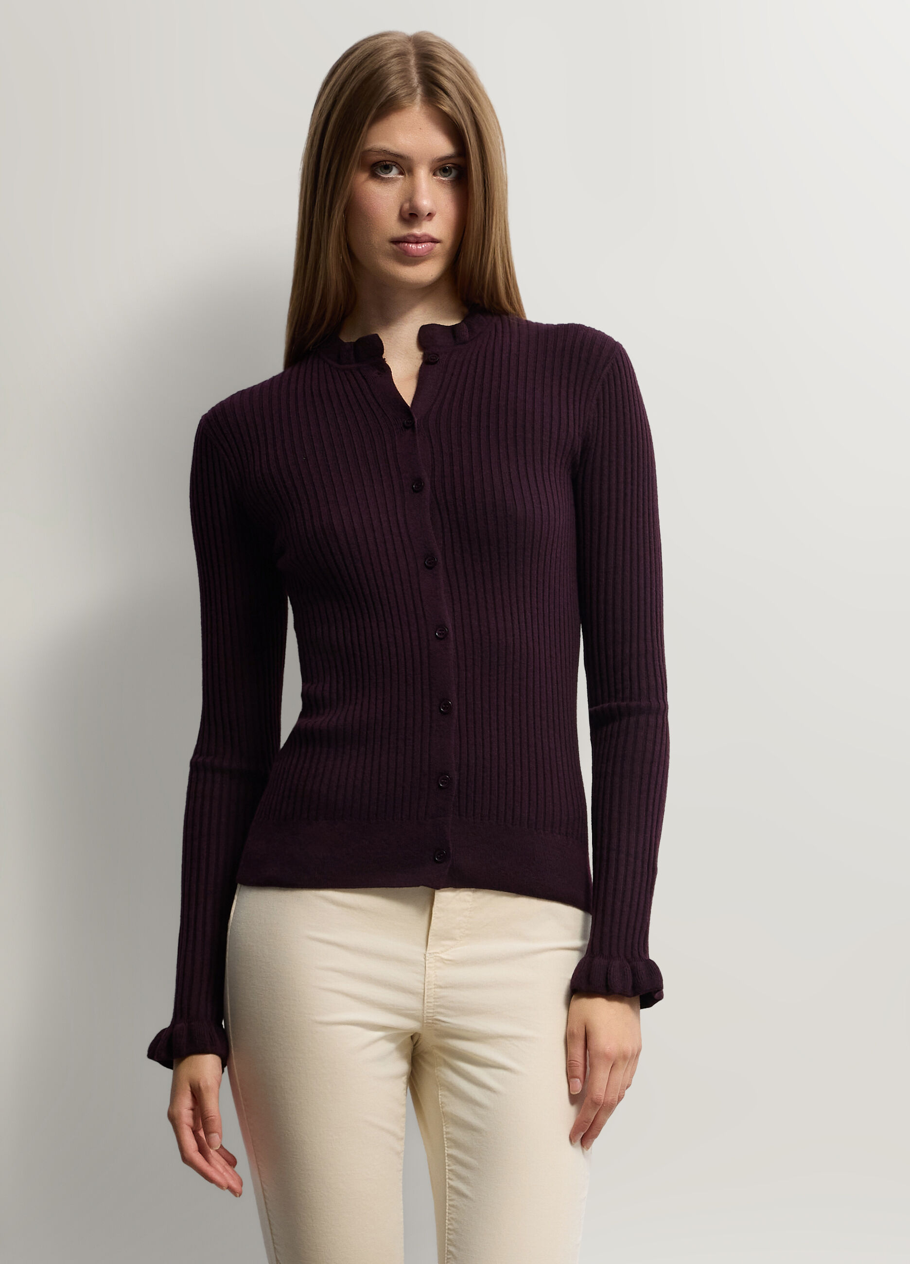 Cardigan Fitted girocollo in costina donna_0