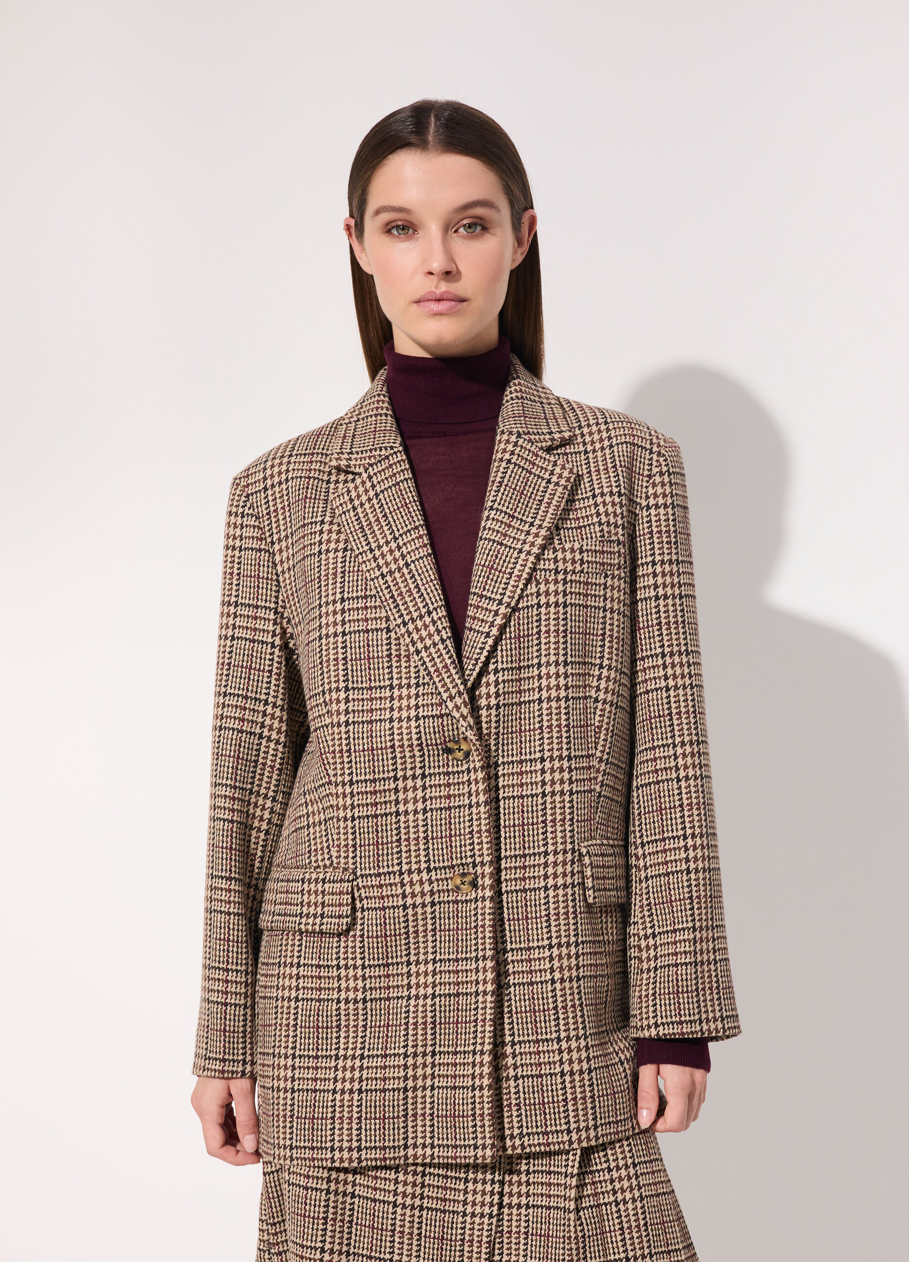 Blazer lungo in misto lana a quadri donna_1