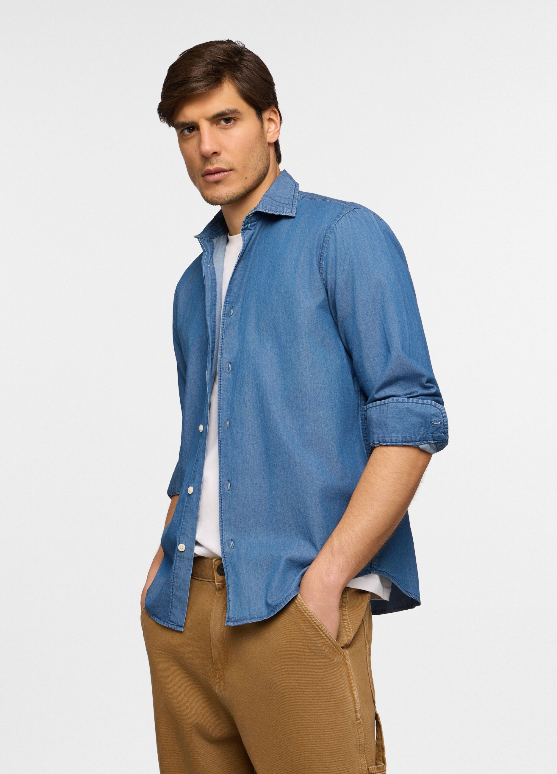 Camicia regular fit in chambray di cotone uomo_0