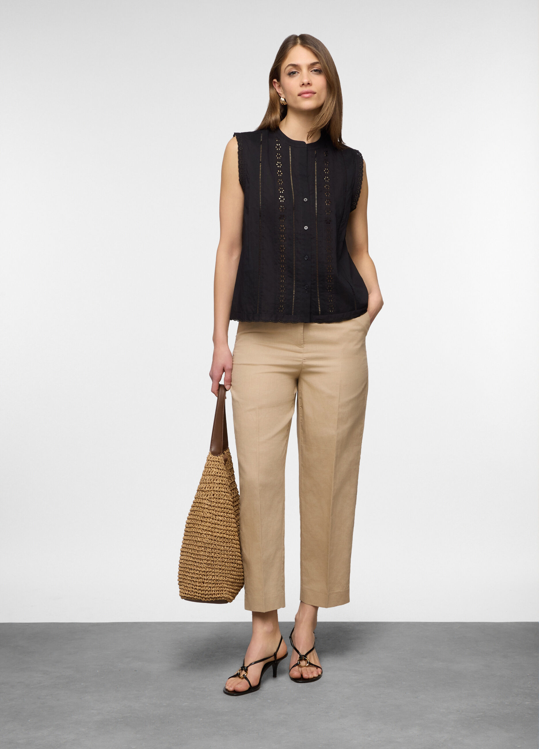 Pantaloni fit regular misto lino donna_0