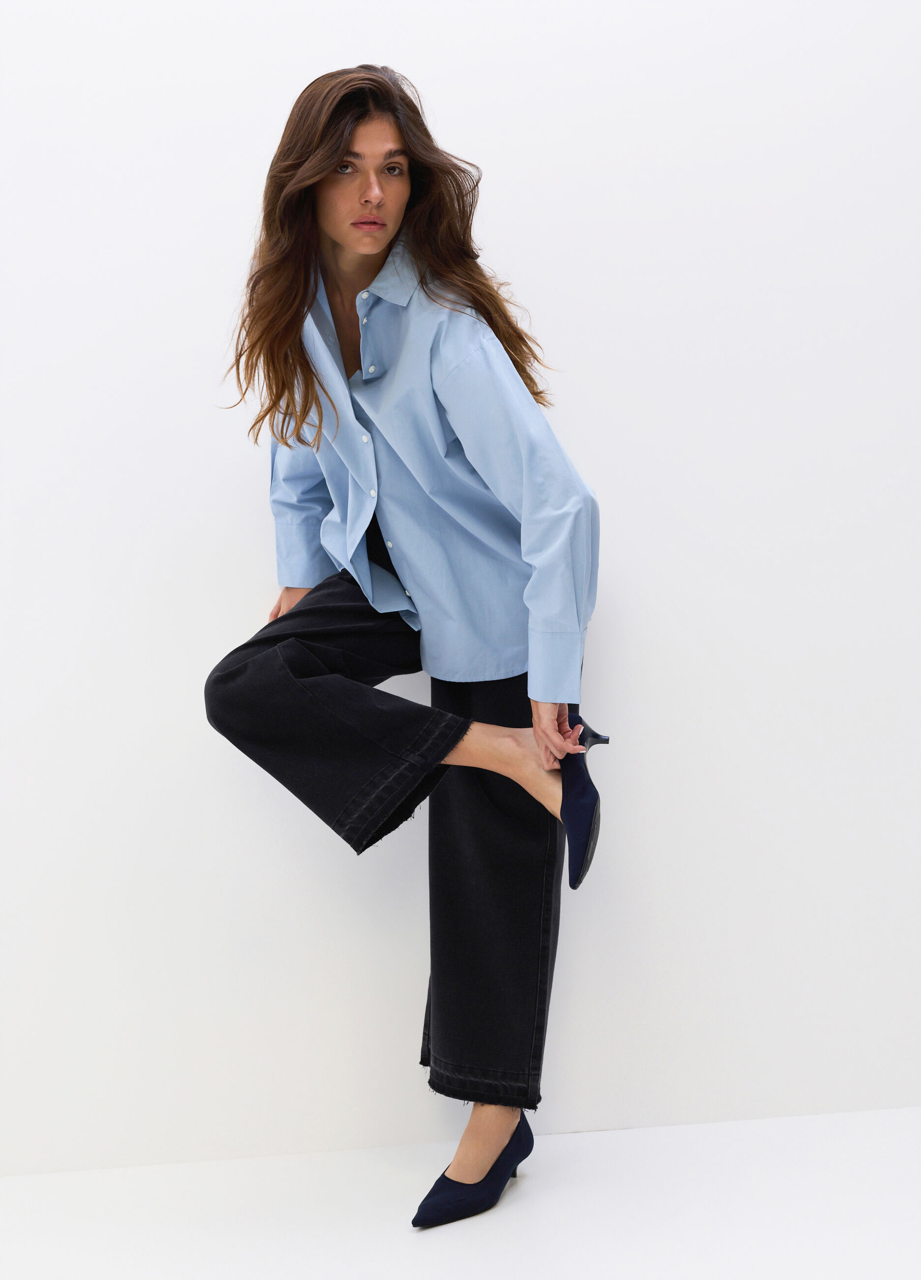 Pantaloni Culotte Fit in denim stretch misto cotone donna_0