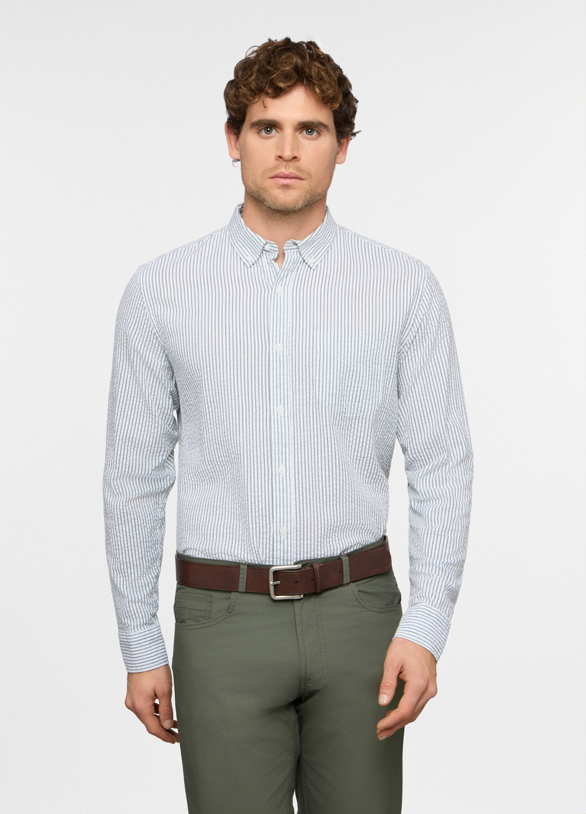 Camicia regular fit in seersucker a righe uomo_0