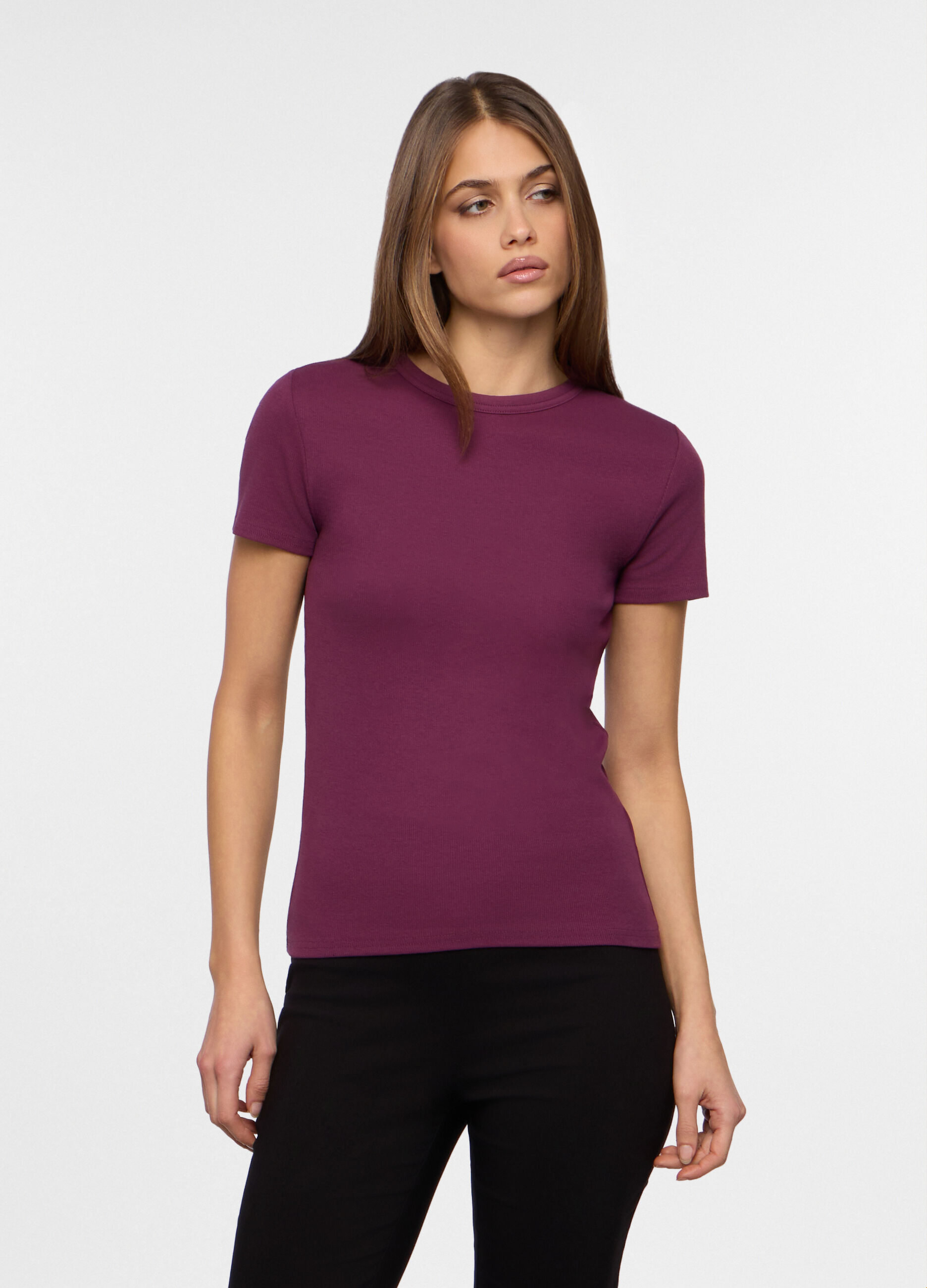 T-shirt in costina di cotone stretch donna_0