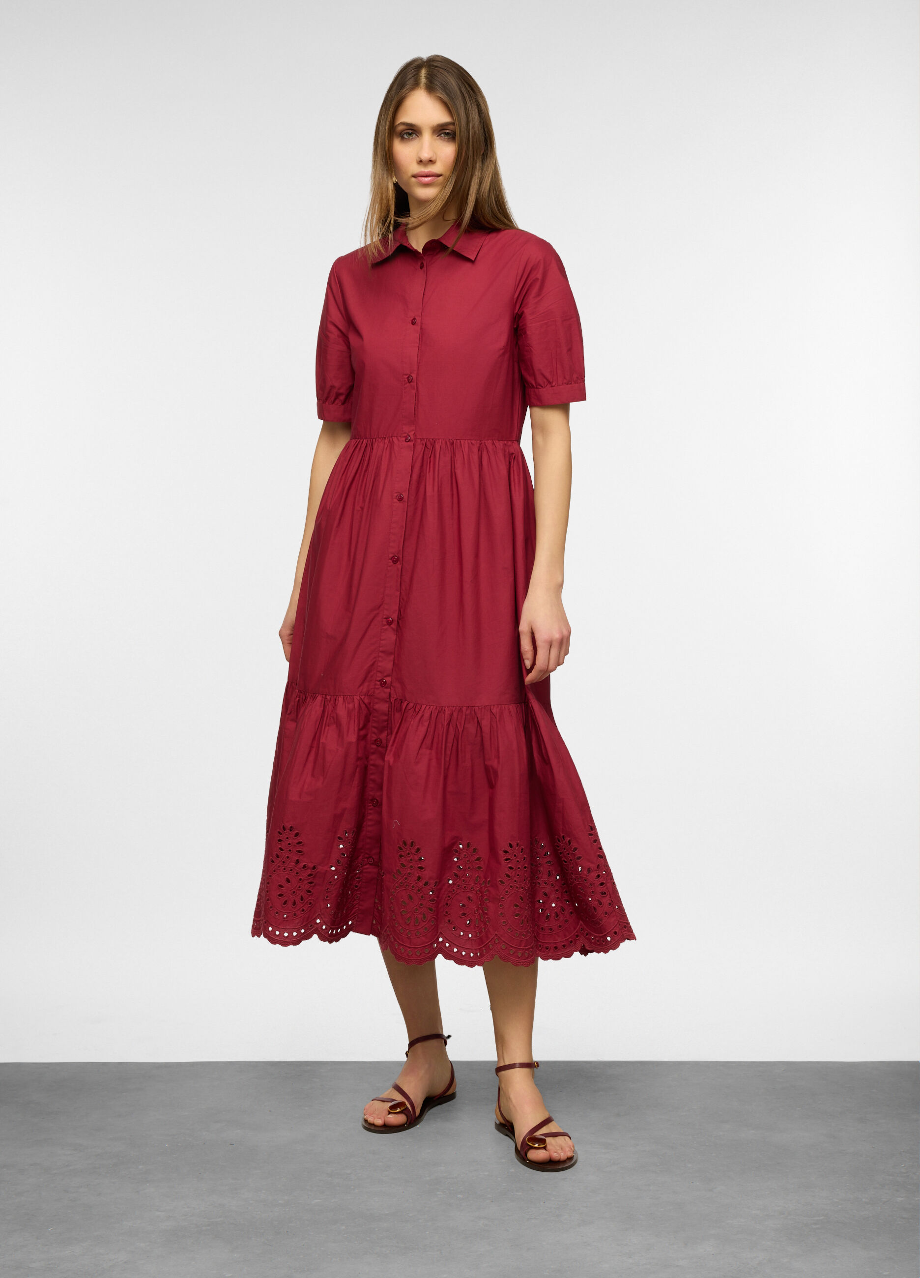 Vestito chemisier con colletto classico e ricamo in puro cotone donna_0