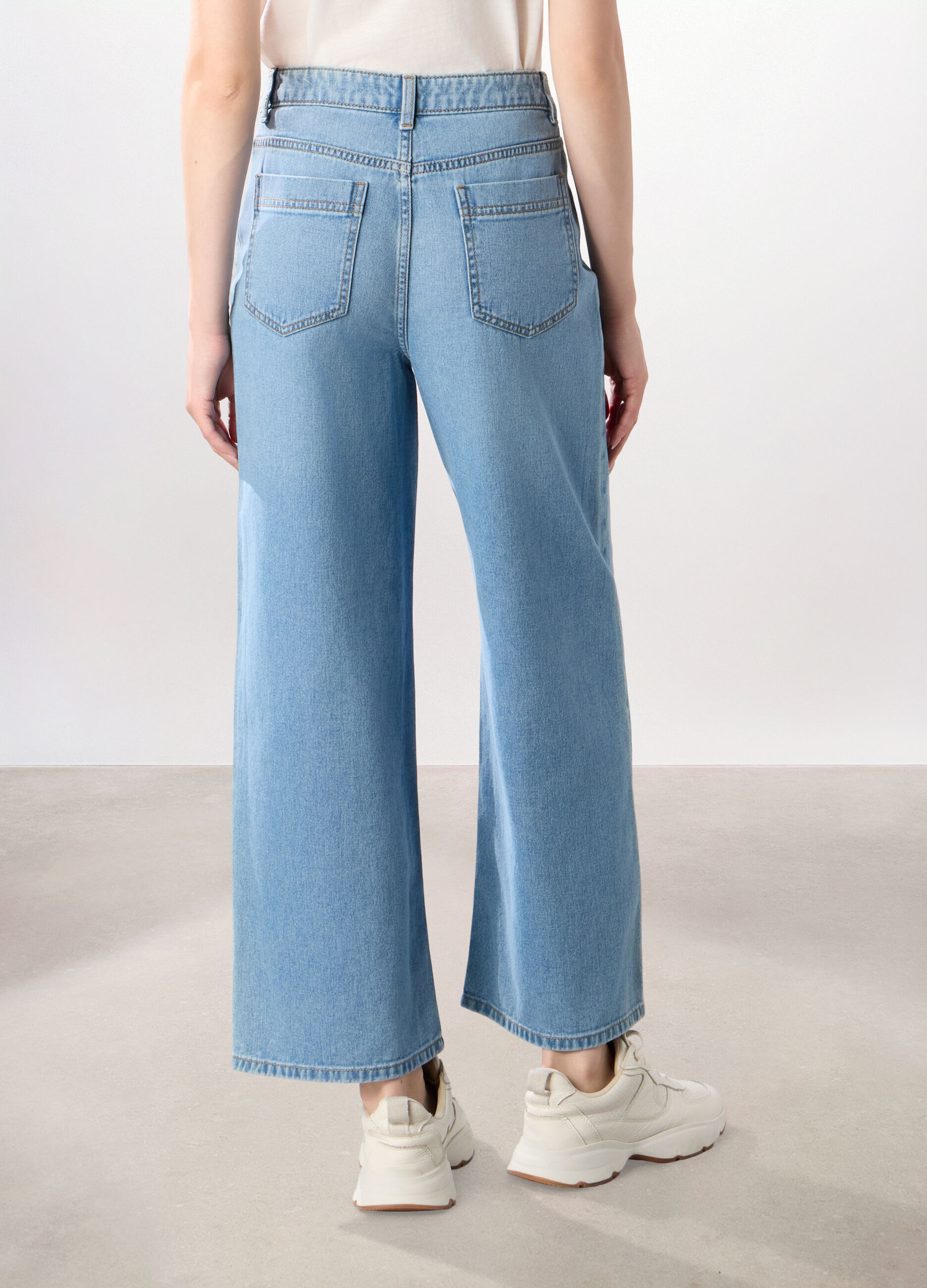 Pantaloni wide leg in denim di puro cotone donna_1