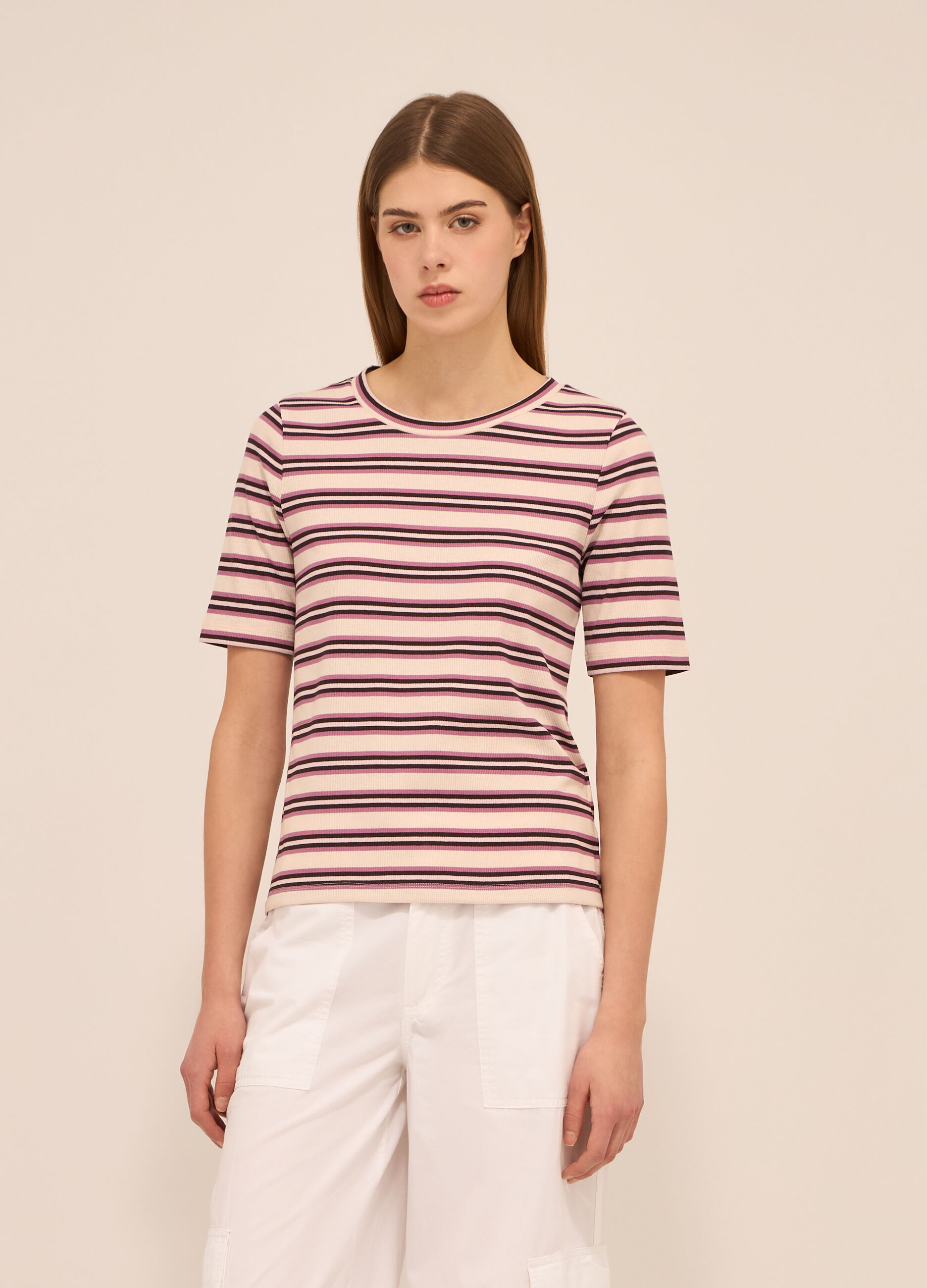T-shirt a righe in costina di misto cotone donna_0