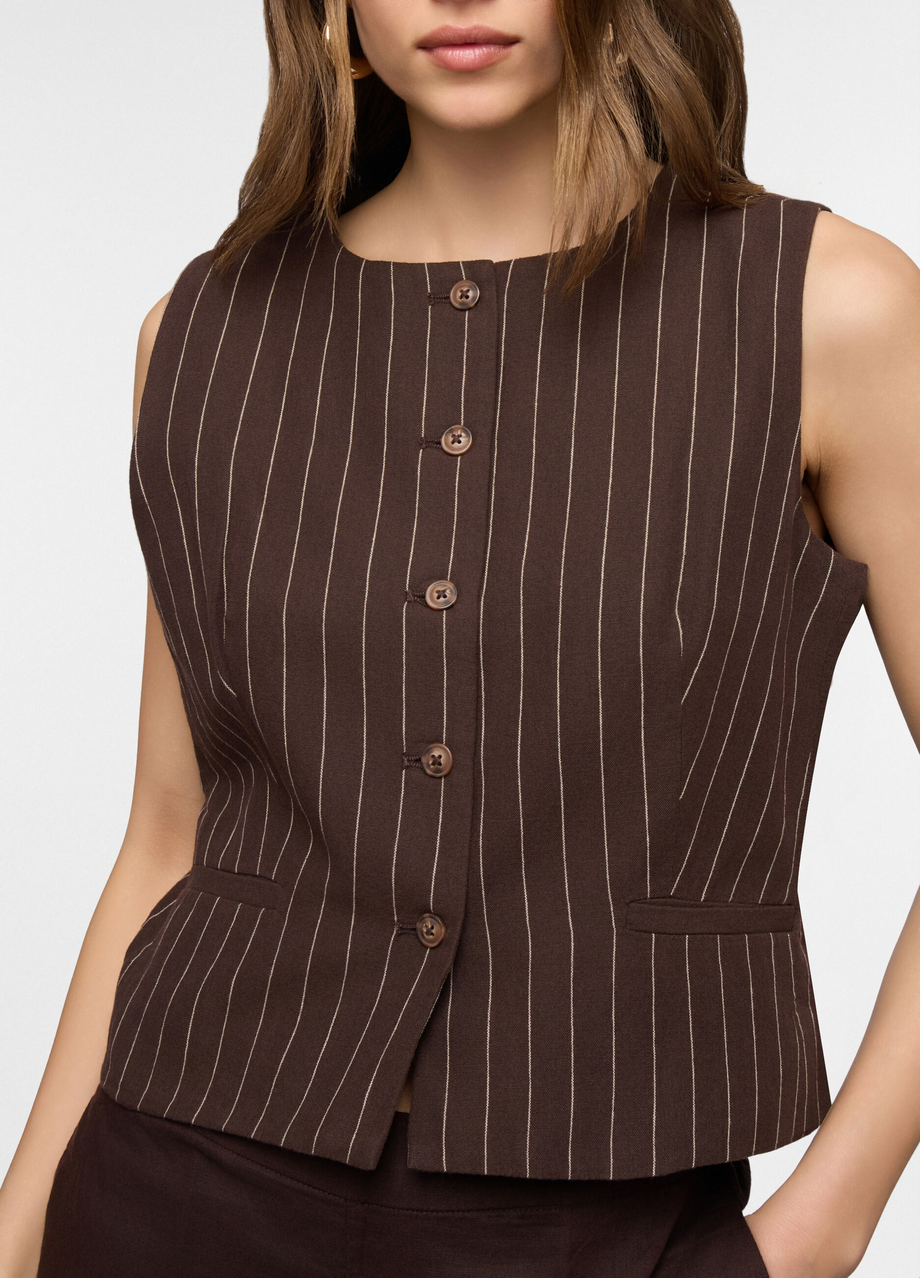Gilet Fit tailored misto lino gessato donna_2