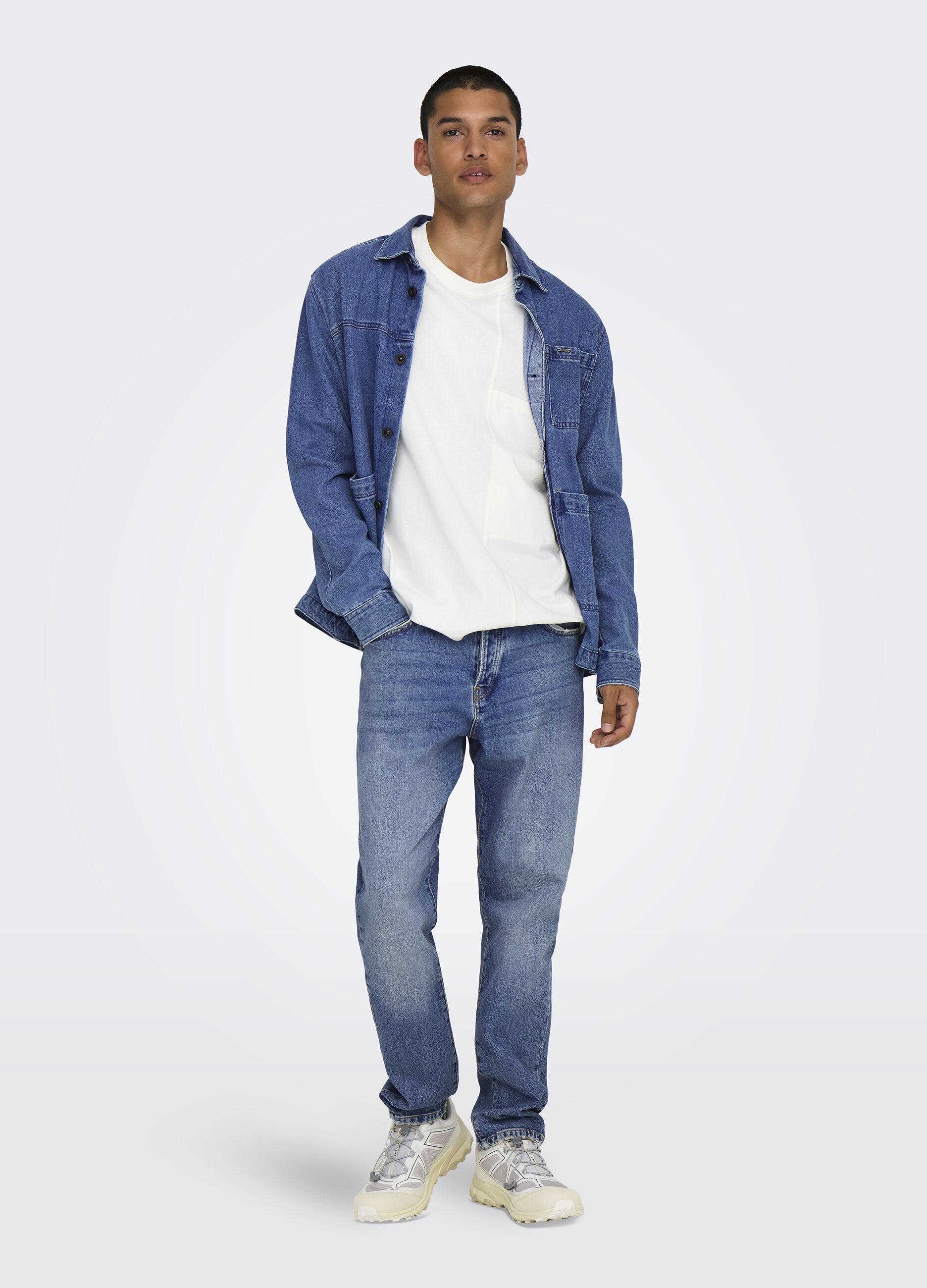 Jeans regular fit in denim sbiadito uomo_0