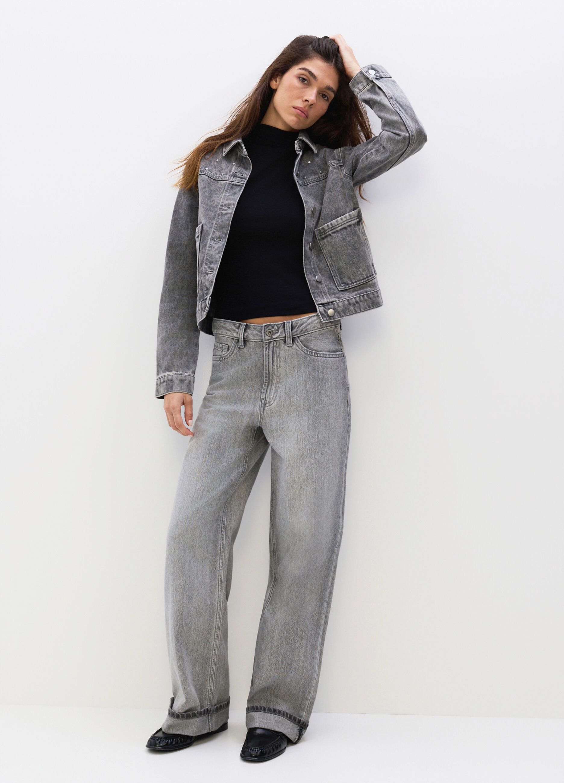 Pantaloni Wide Leg in denim di puro cotone donna_0