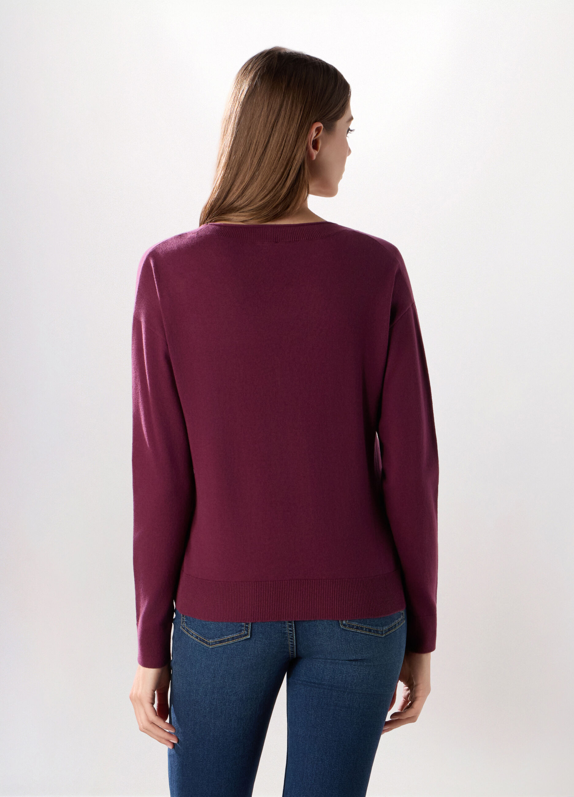 Pullover con scollo a V in misto cotone donna_1