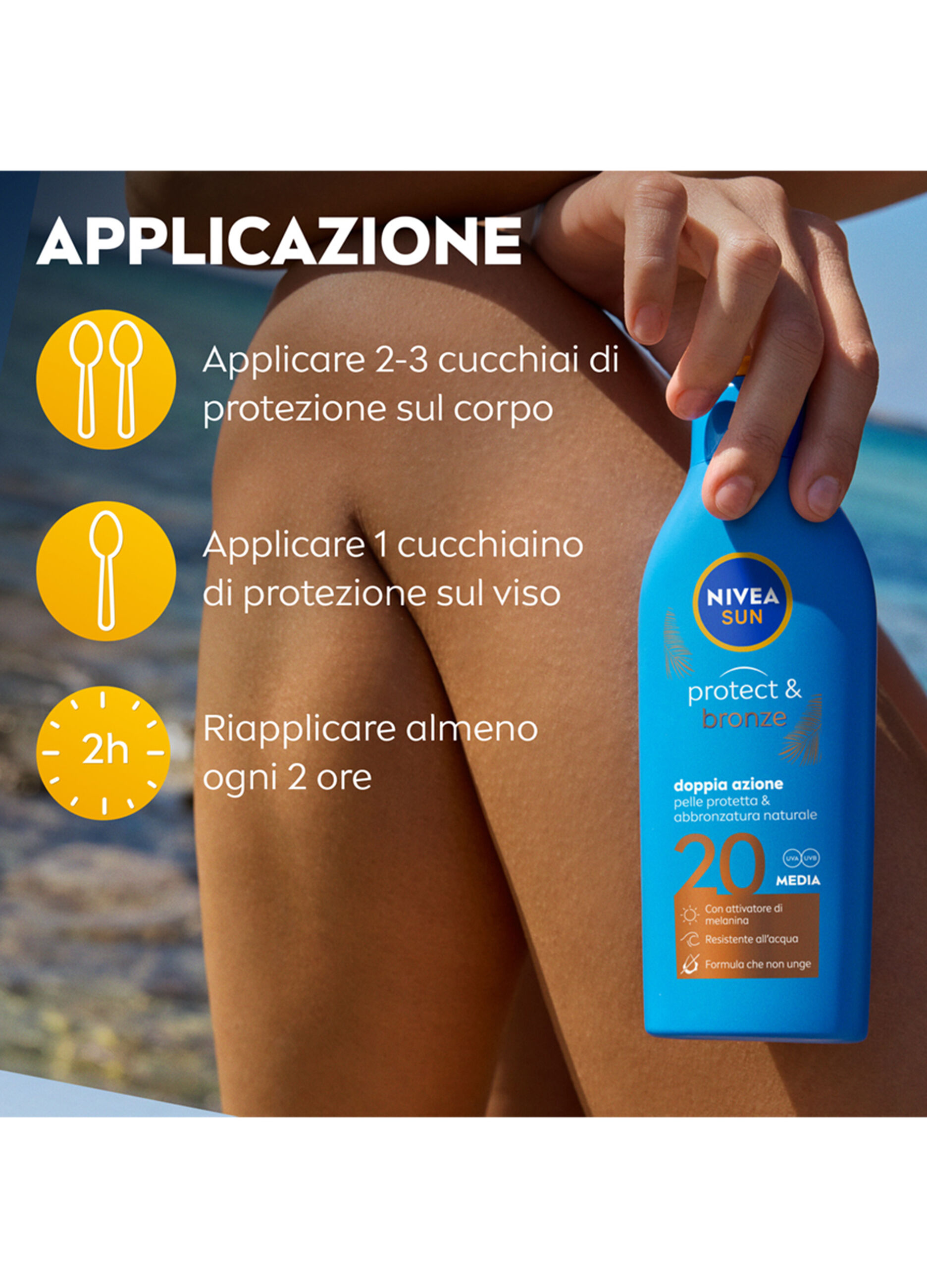 Nivea Sun Latte Solare Protect & Bronze FP20 200 ml, Crema solare 20 per un'abbronzatura dorata