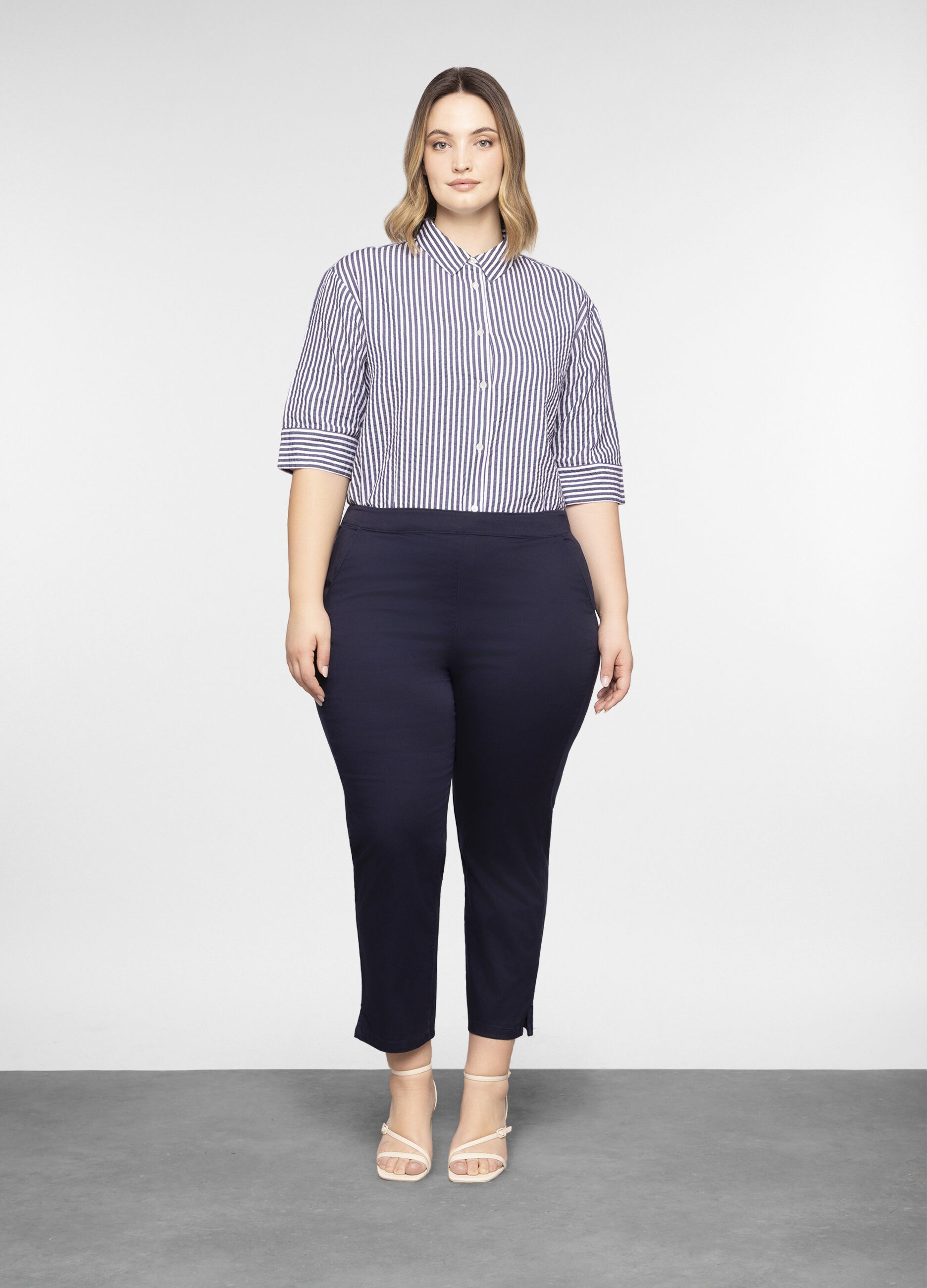 Pantaloni regular fit in raso di cotone stretch donna curvy_0