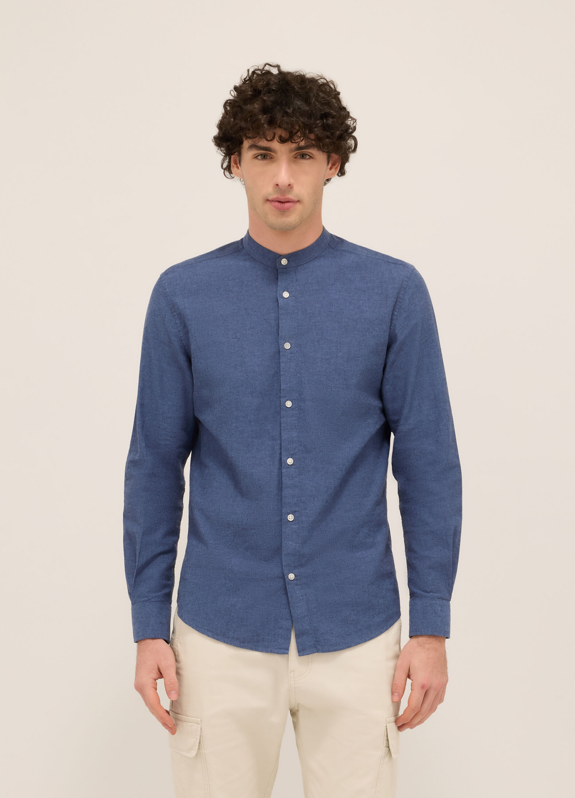 Camicia colletto alla coreana in cotone e lino uomo_0