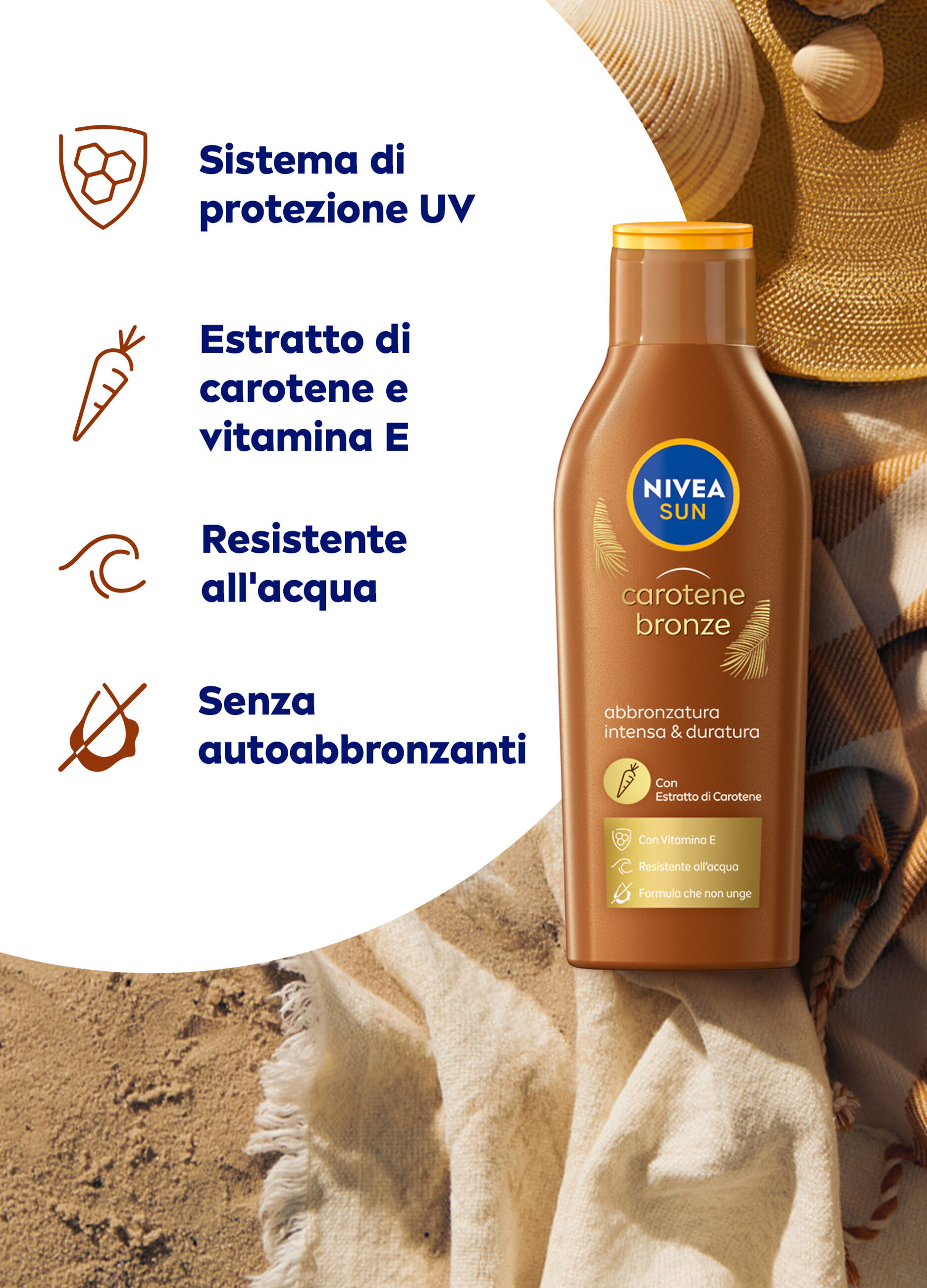 Nivea Sun Latte Solare Carotene Bronze FP6 200 ml, Crema solare abbronzante FP6 per una pelle dorata