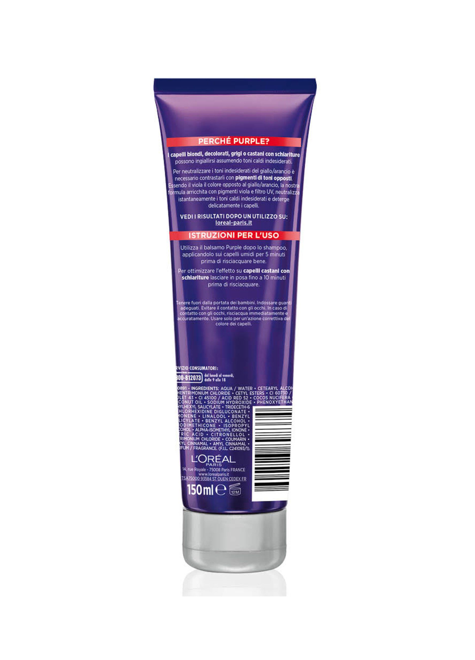 L'Oréal Paris Balsamo antigiallo Color Vive Purple, Balsamo antigiallo per capelli schiariti, biondi, decolorati e grigi, 150 ml.