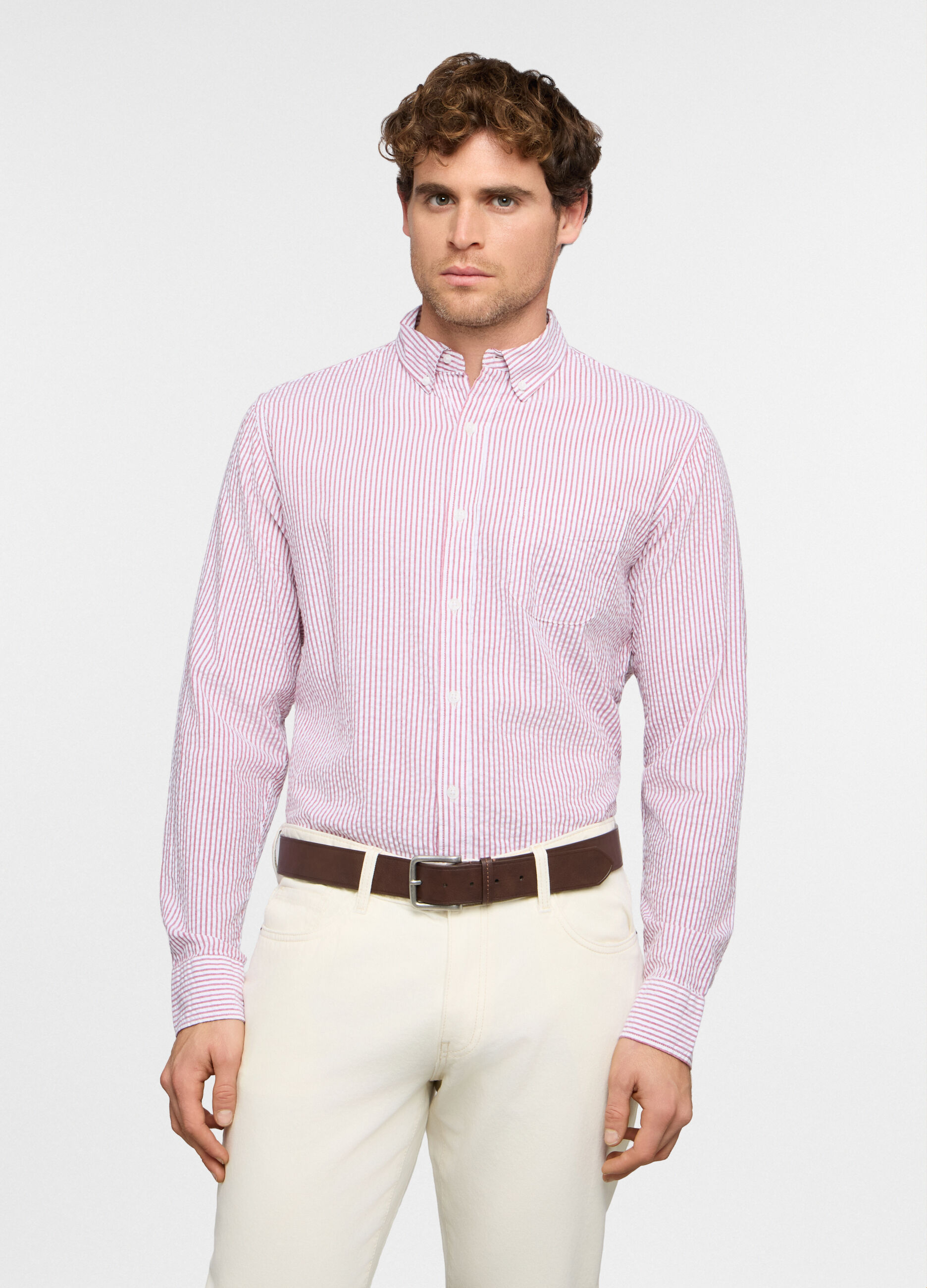 Camicia regular fit in seersucker a righe uomo_0