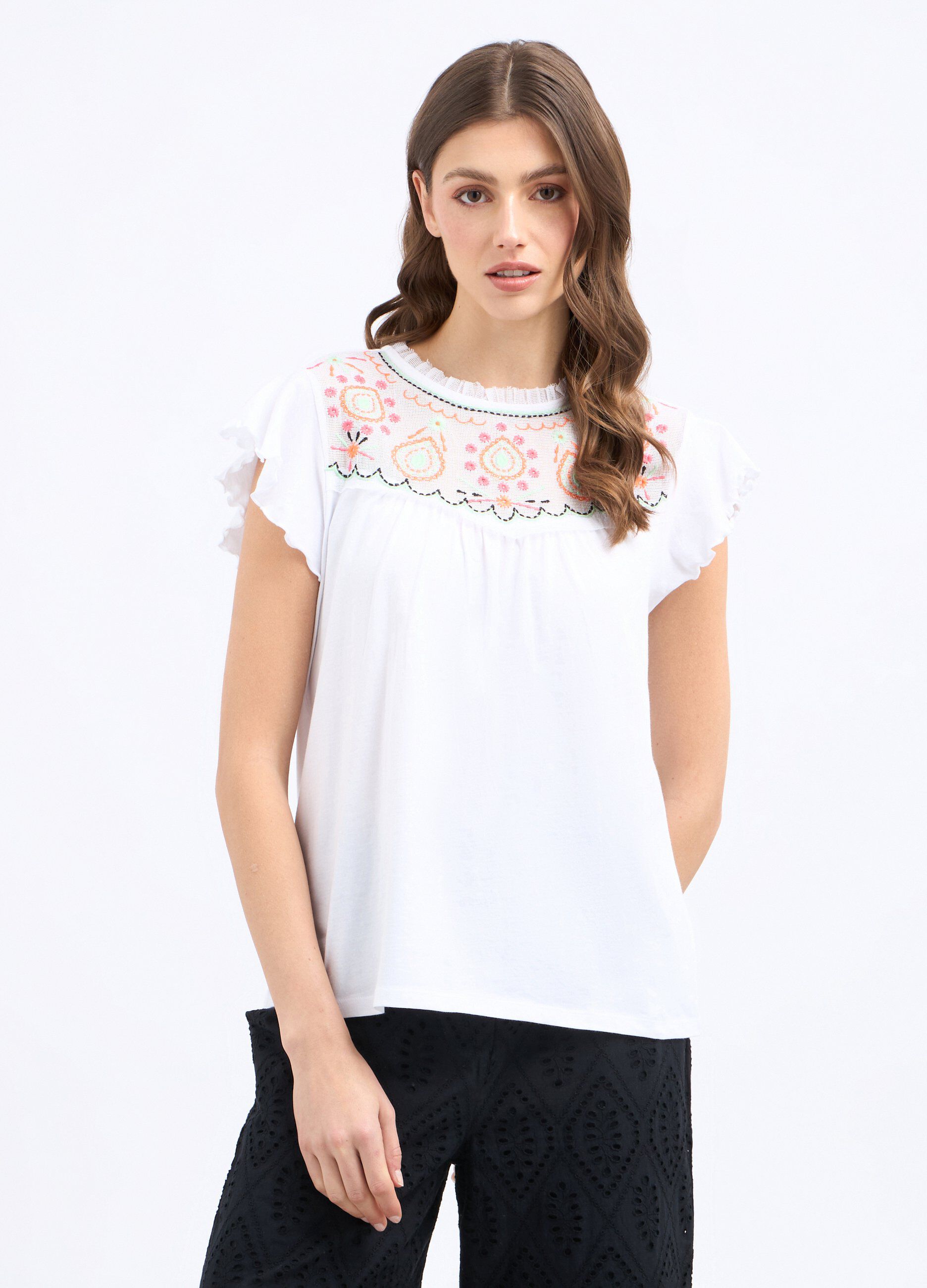 T-shirt con inserto ricamato in puro cotone donna