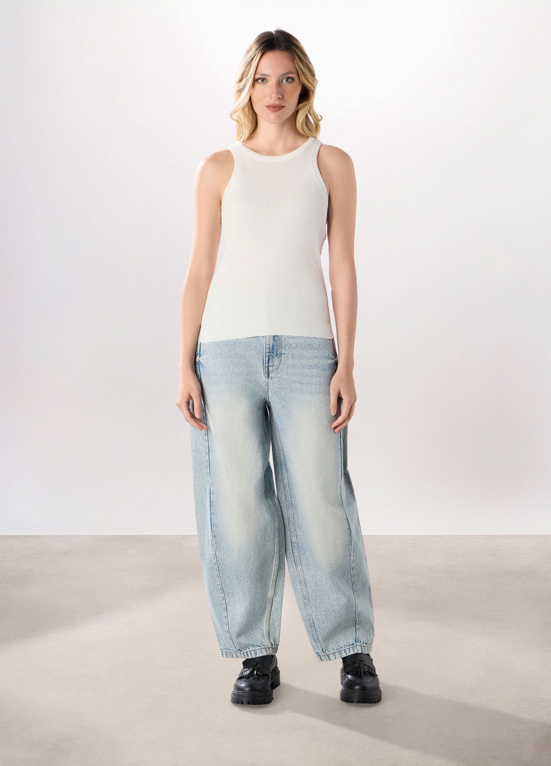 Pantaloni wide leg in denim di puro cotone donna_0