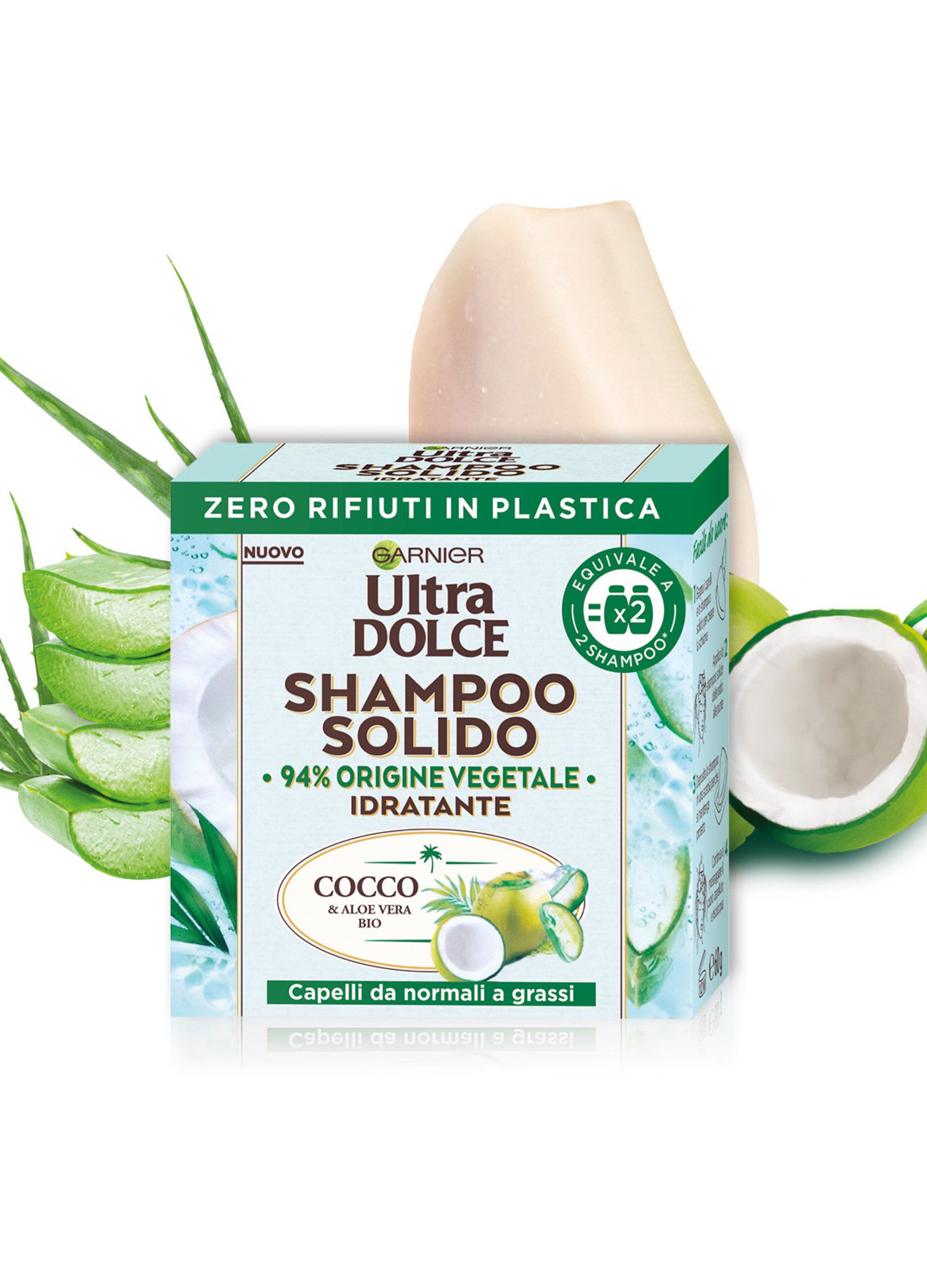 Garnier Ultra Dolce Shampoo Solido Cocco e Aloe vera, Per capelli da normali a grassi, Con packaging 100% ecologico plastic-free, 60 gr._1