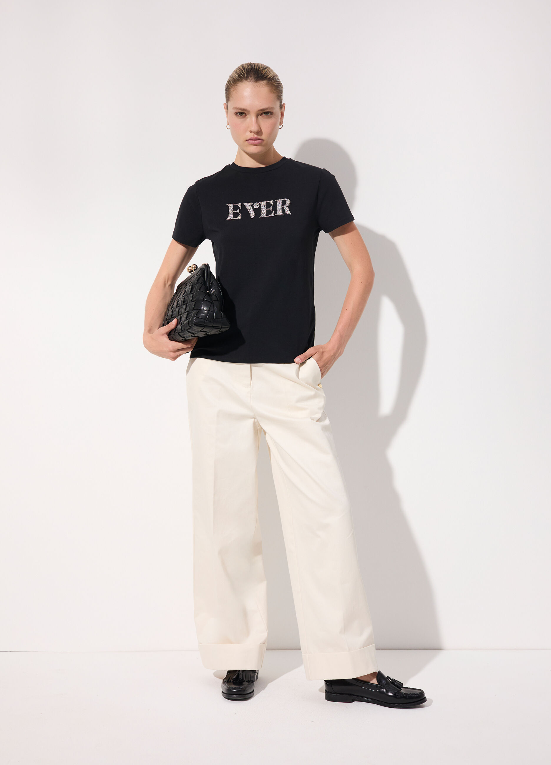 T-shirt con strass in cotone stretch donna_0