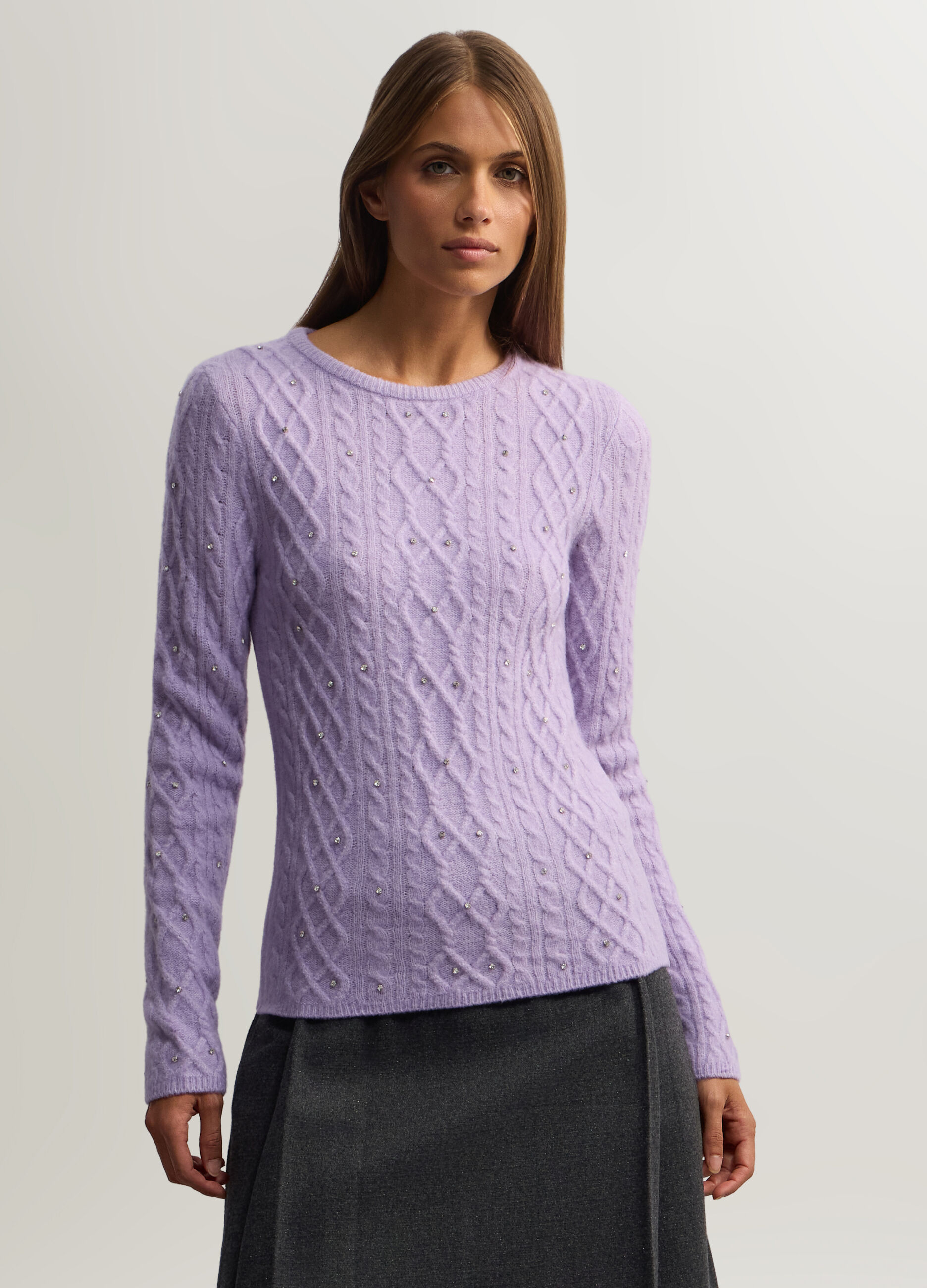 Pullover girocollo stretch a treccia donna_0