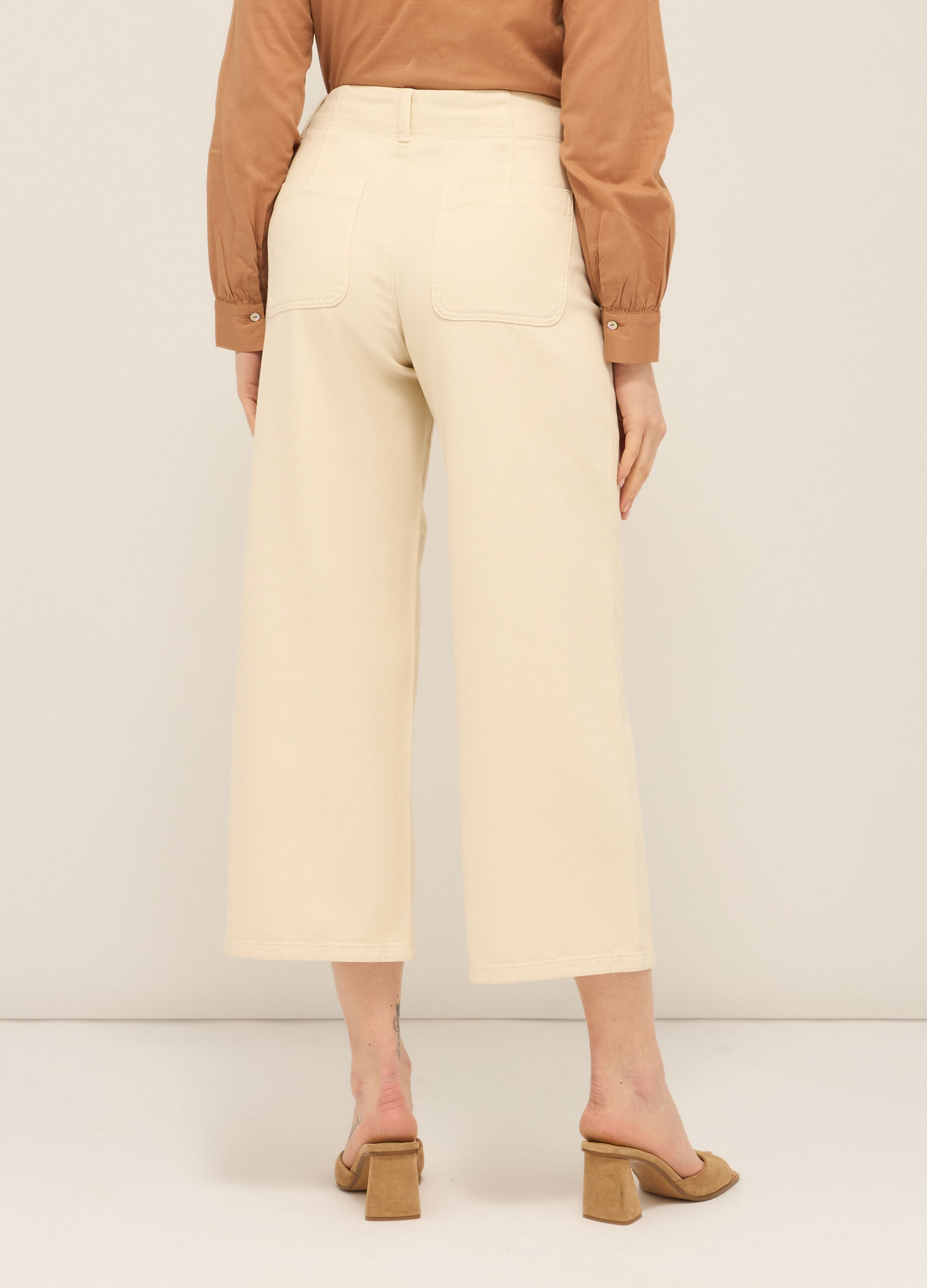 Pantaloni wide leg in denim di puro cotone donna_1