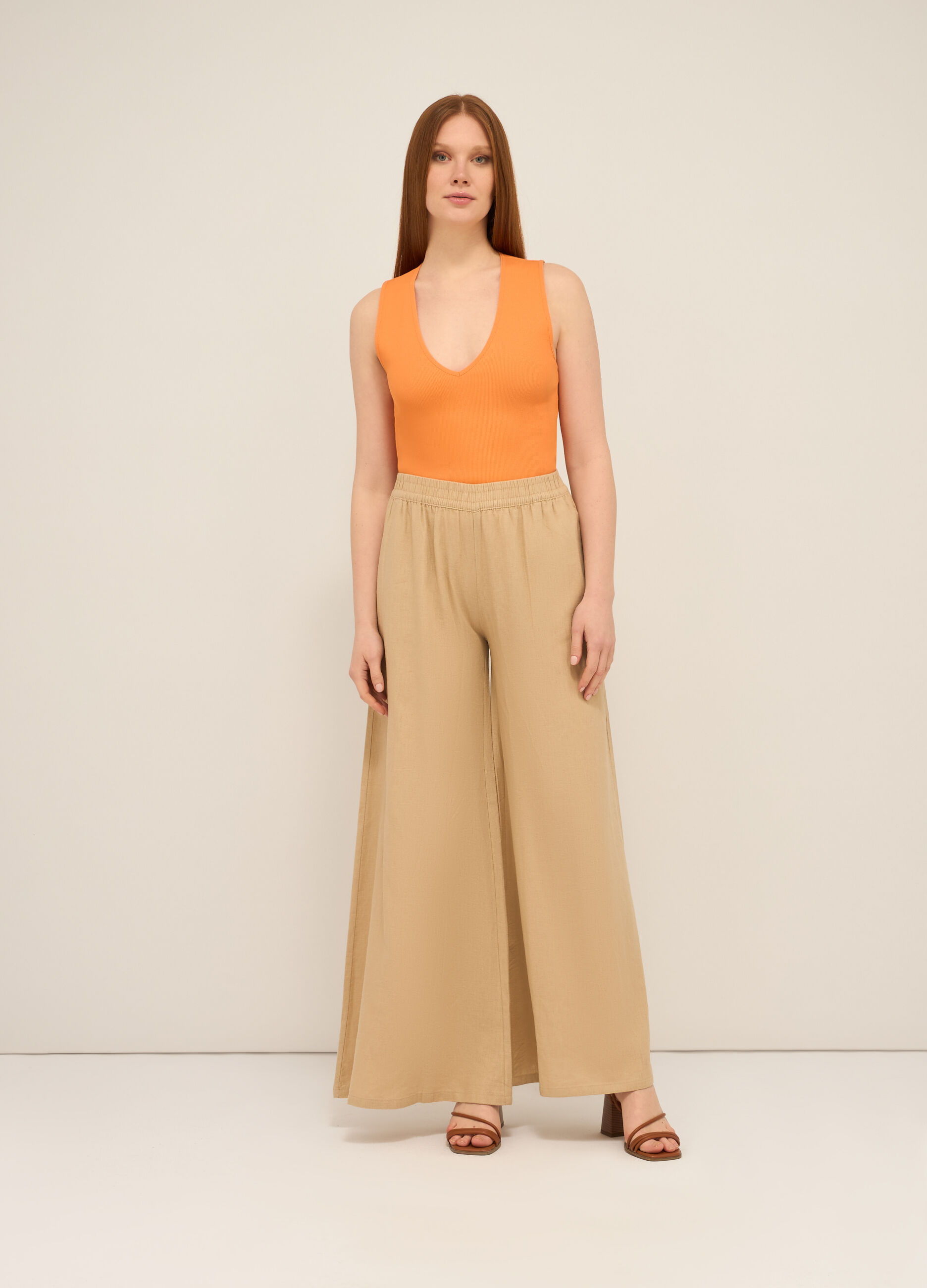 Pantalone palazzo in misto lino donna_0