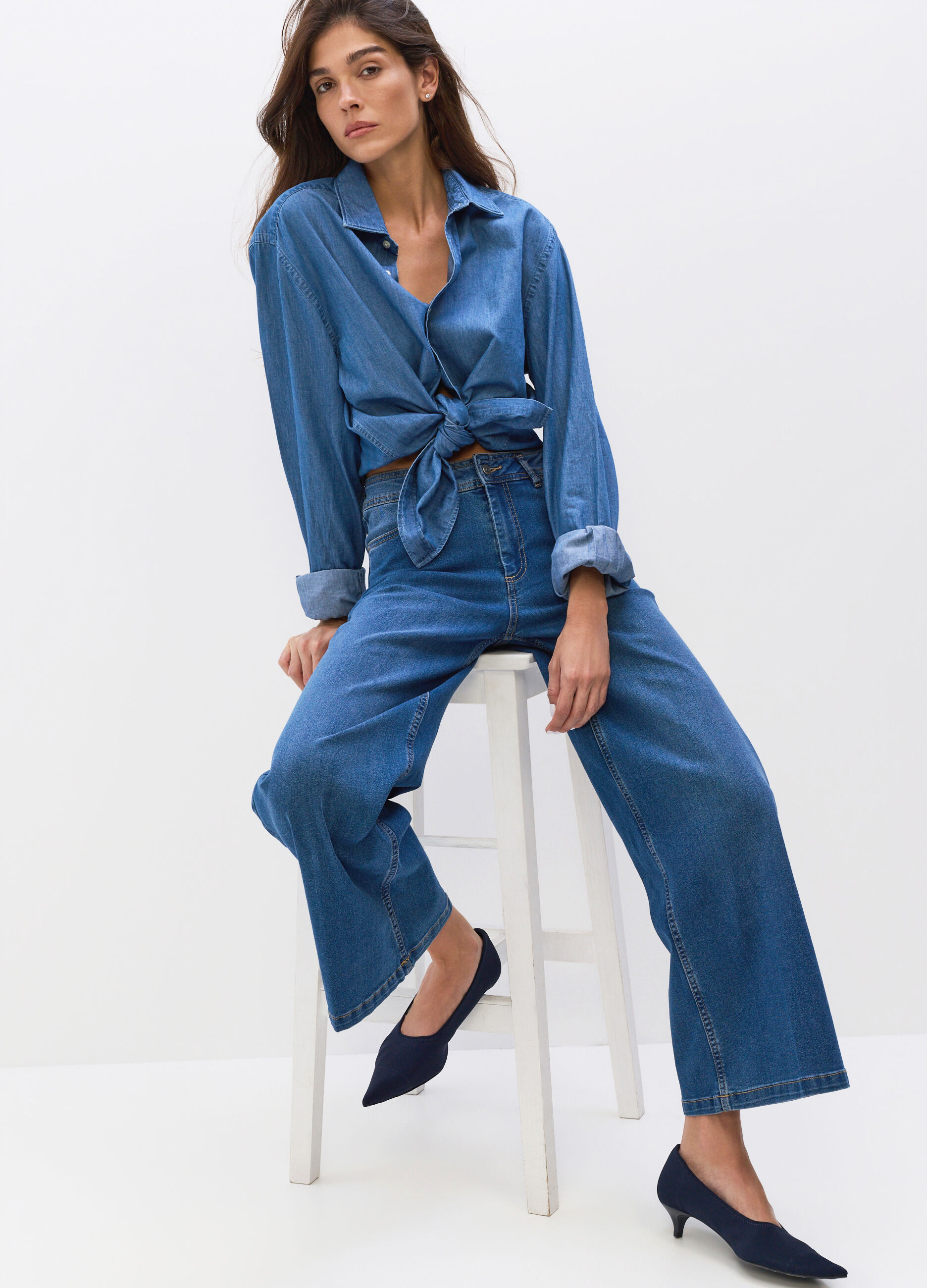 Pantaloni Wide Leg in denim di misto cotone stretch donna_0