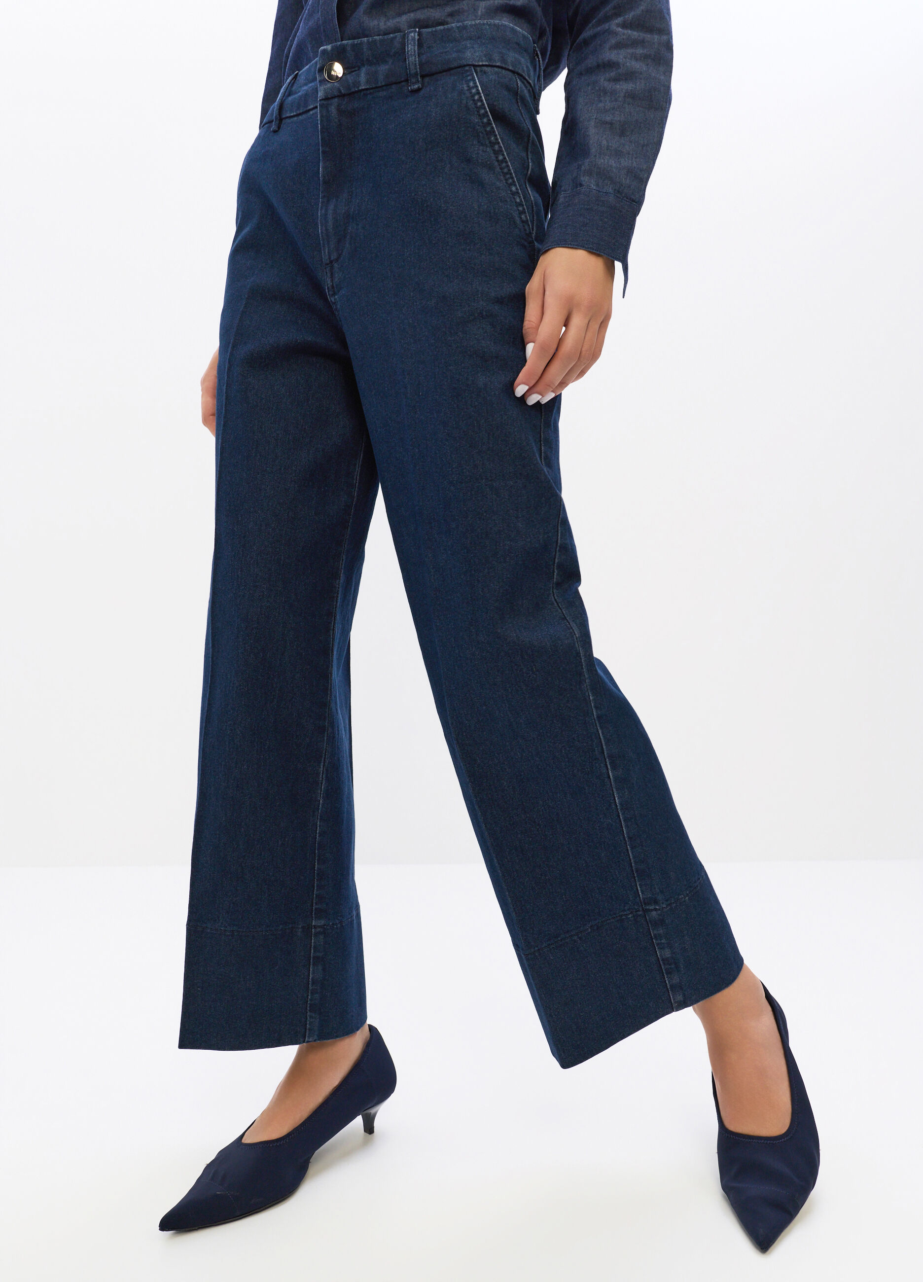Pantaloni Wide Leg in denim di misto cotone stretch donna_2