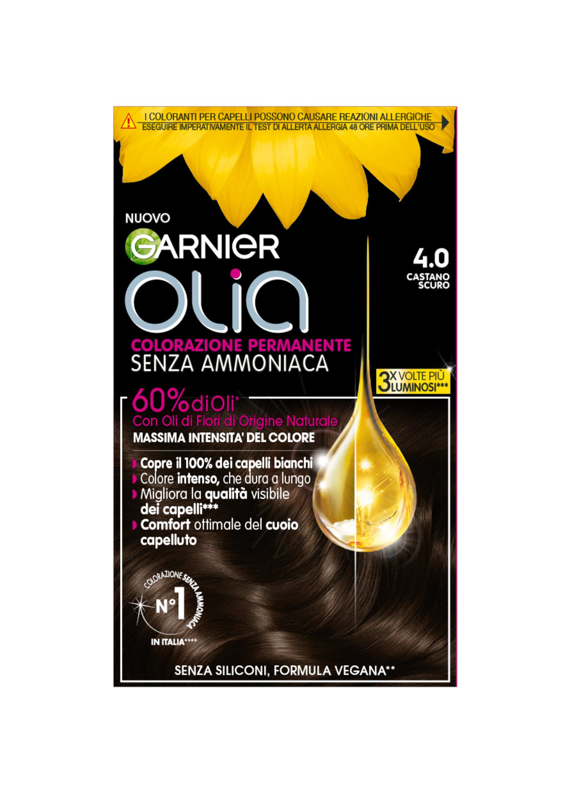 Garnier Tinta Capelli Olia, Colorazione permanente senza ammoniaca per una fragranza delicata, copre il 100% dei capelli bianchi, Con oli di fiori di origine naturale, Castano Scuro (4.0)._0