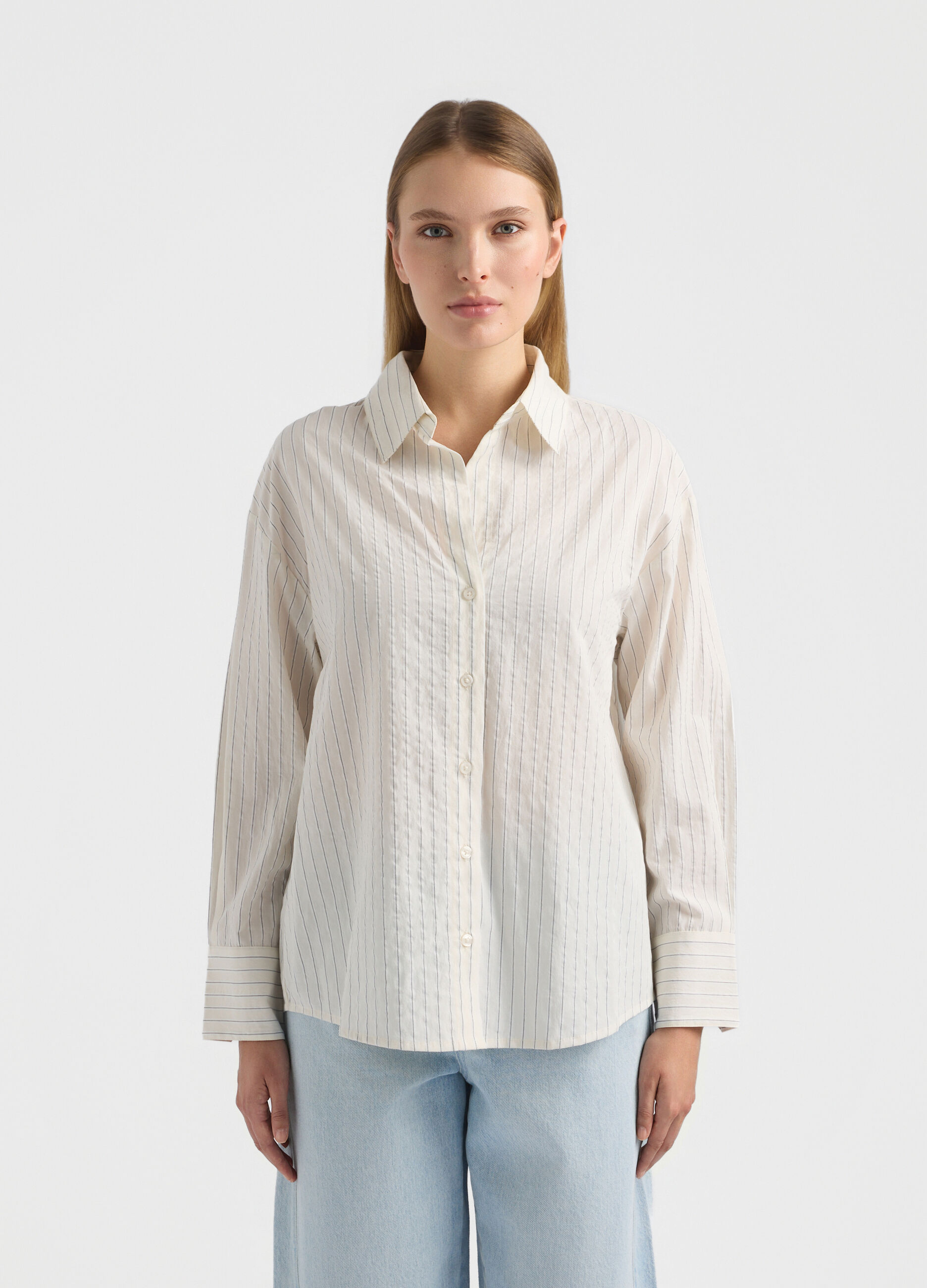 Camicia Fit Over con colletto alla francese Dobby di cotone misto lyocell donna_1