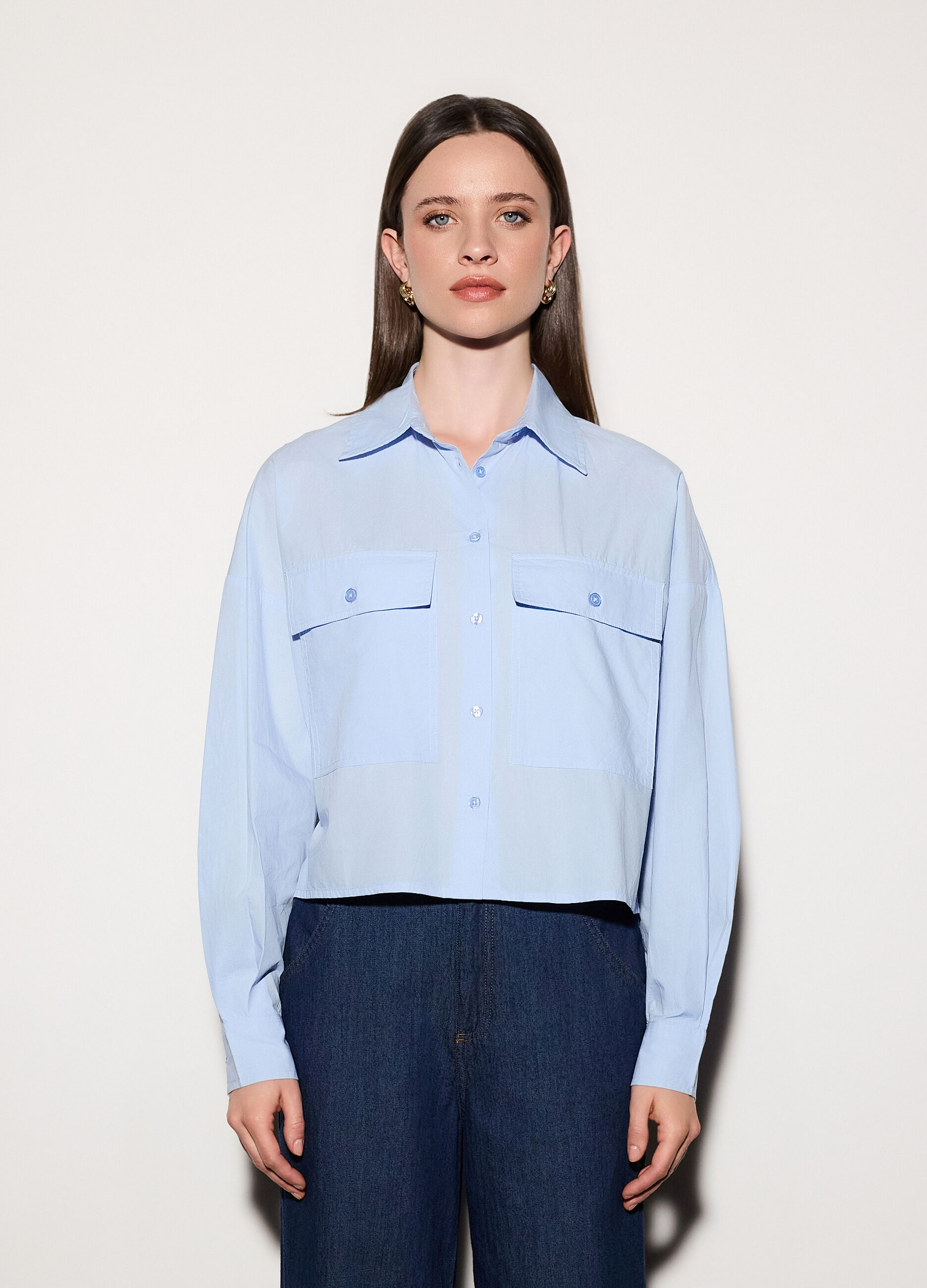 Camicia over fit colletto alla francese in popeline di puro cotone donna_1